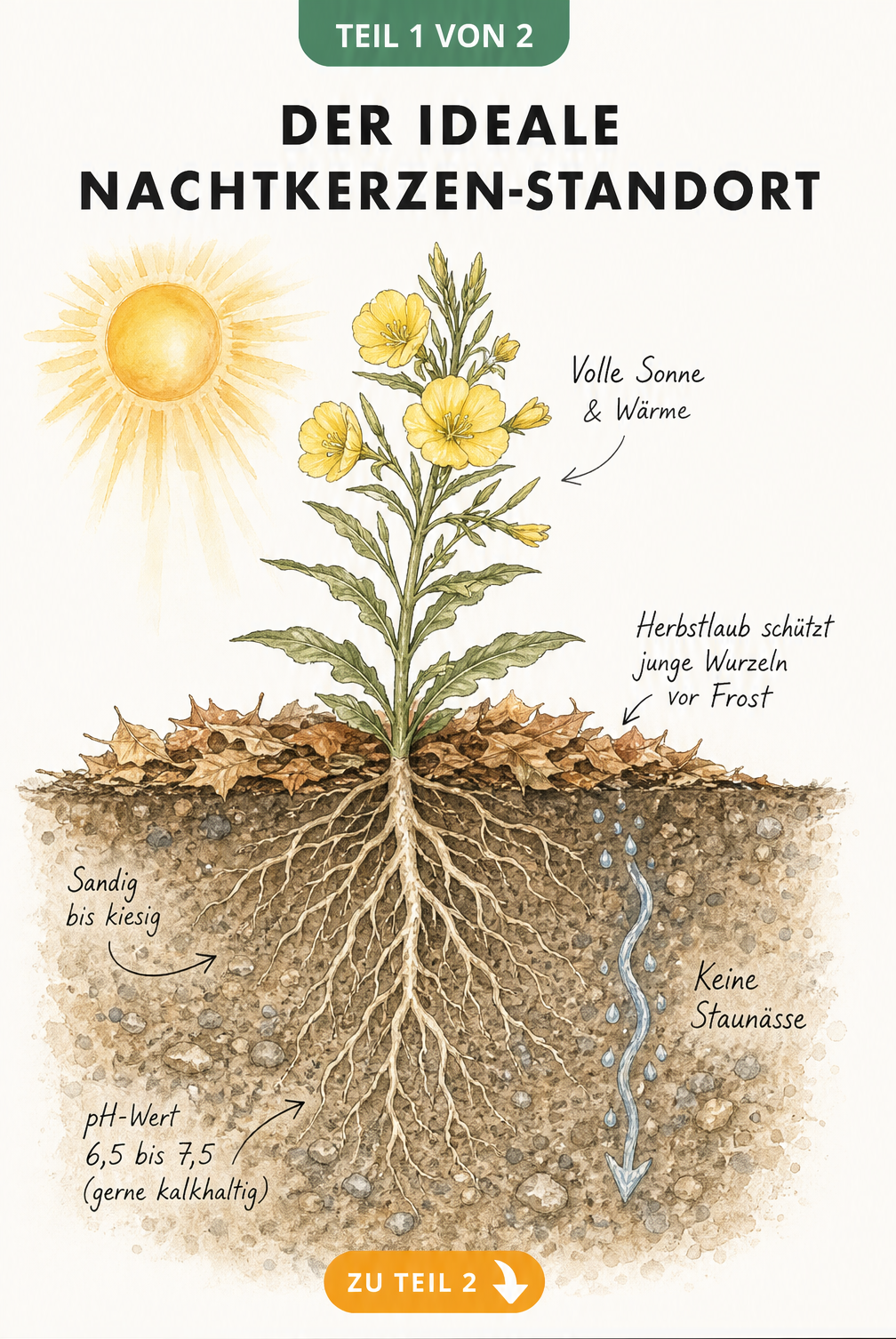 Botanische Querschnitt-Illustration einer blühenden Nachtkerze mit Wurzelwerk, die oberirdische und unterirdische Standortbedingungen wie Sonne, Herbstlaub,...