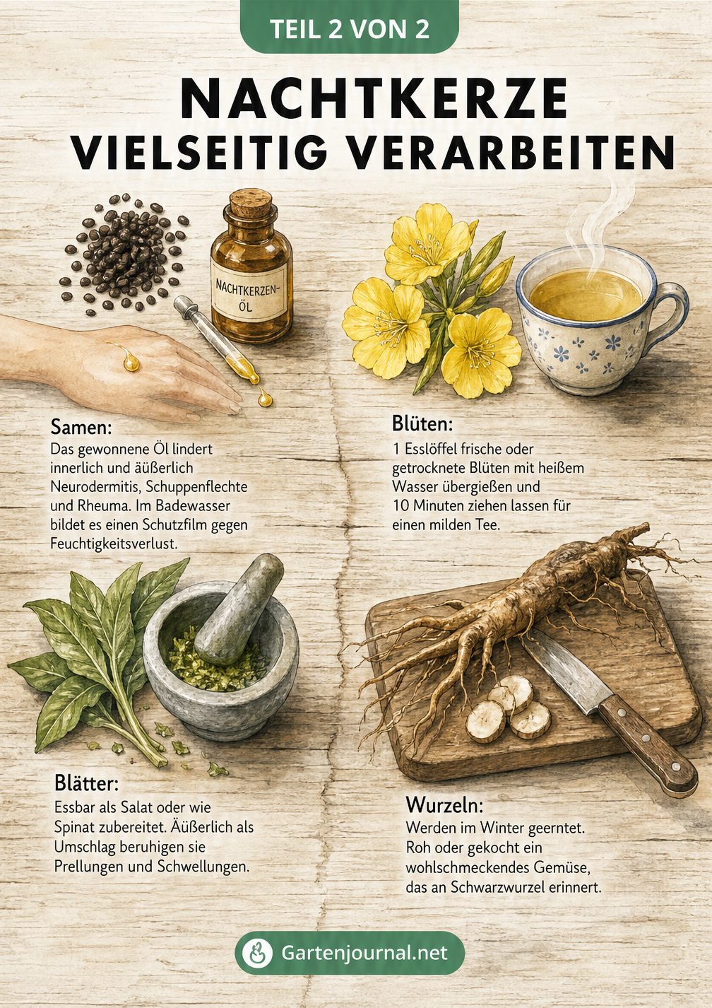 Aquarell-Illustration eines Holztisches mit Samen, Blüten, Blättern und Wurzeln der Nachtkerze sowie deren Verarbeitung zu Öl, Tee und Speisen