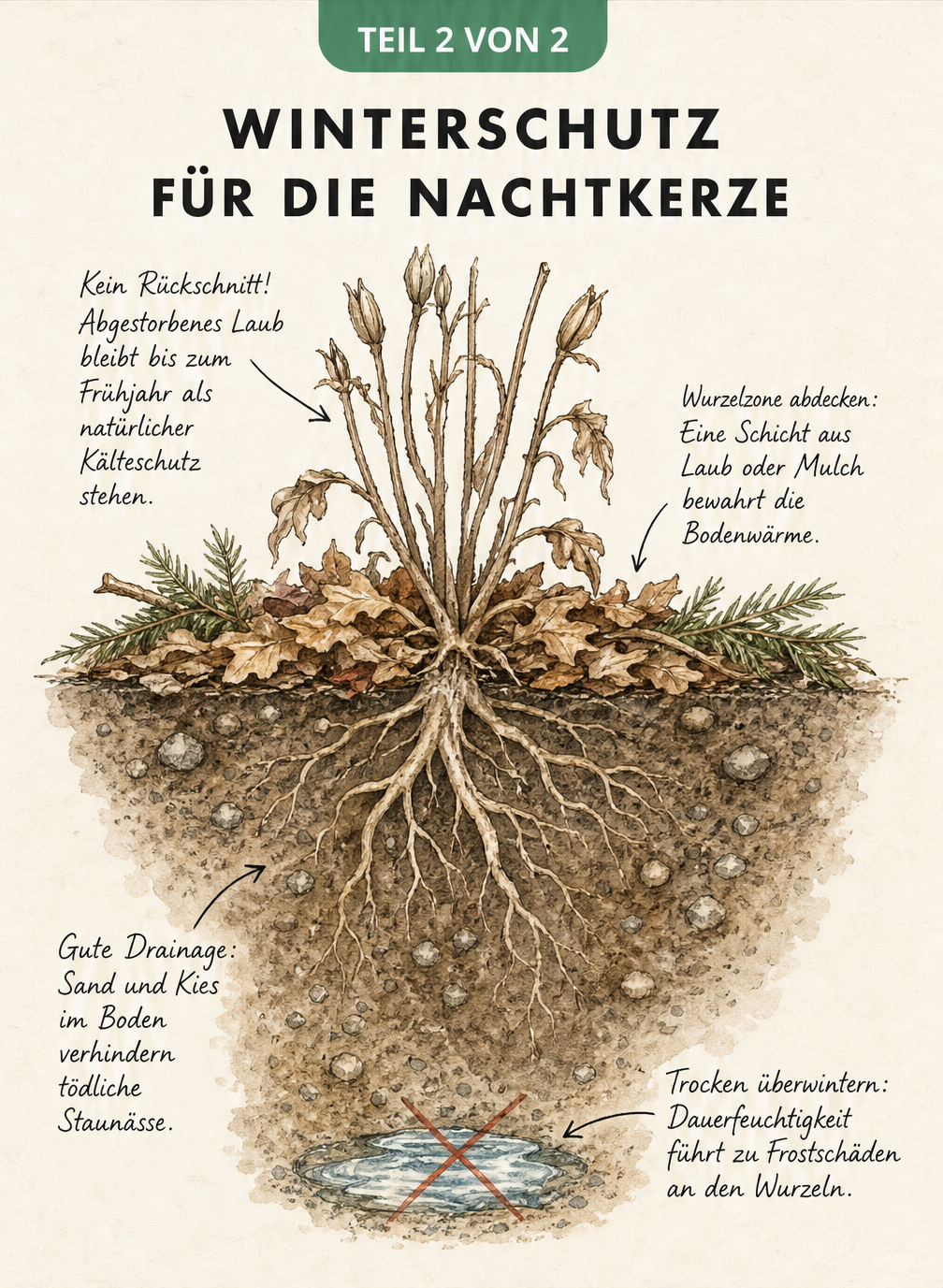 Querschnitt-Illustration einer Nachtkerze im winterlichen Beet mit Tipps zum Winterschutz