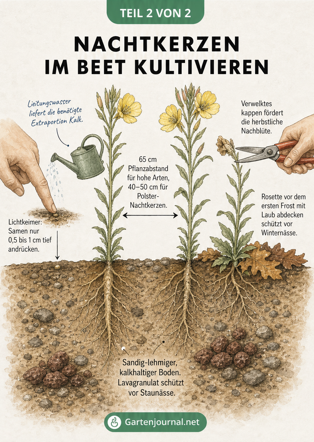 Querschnitt durch ein Gartenbeet mit Nachtkerzen, der Aussaat, Pflanzabstand und Pflege zeigt