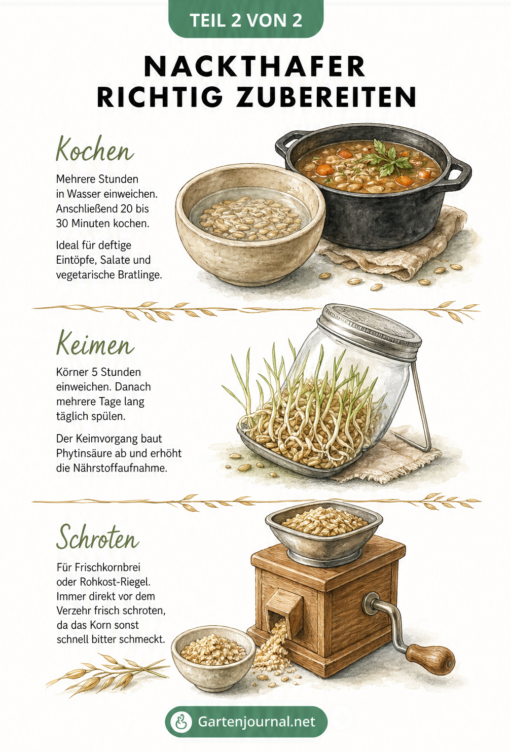 Illustration zur Zubereitung von Nackthafer: Kochen, Keimen und Schroten