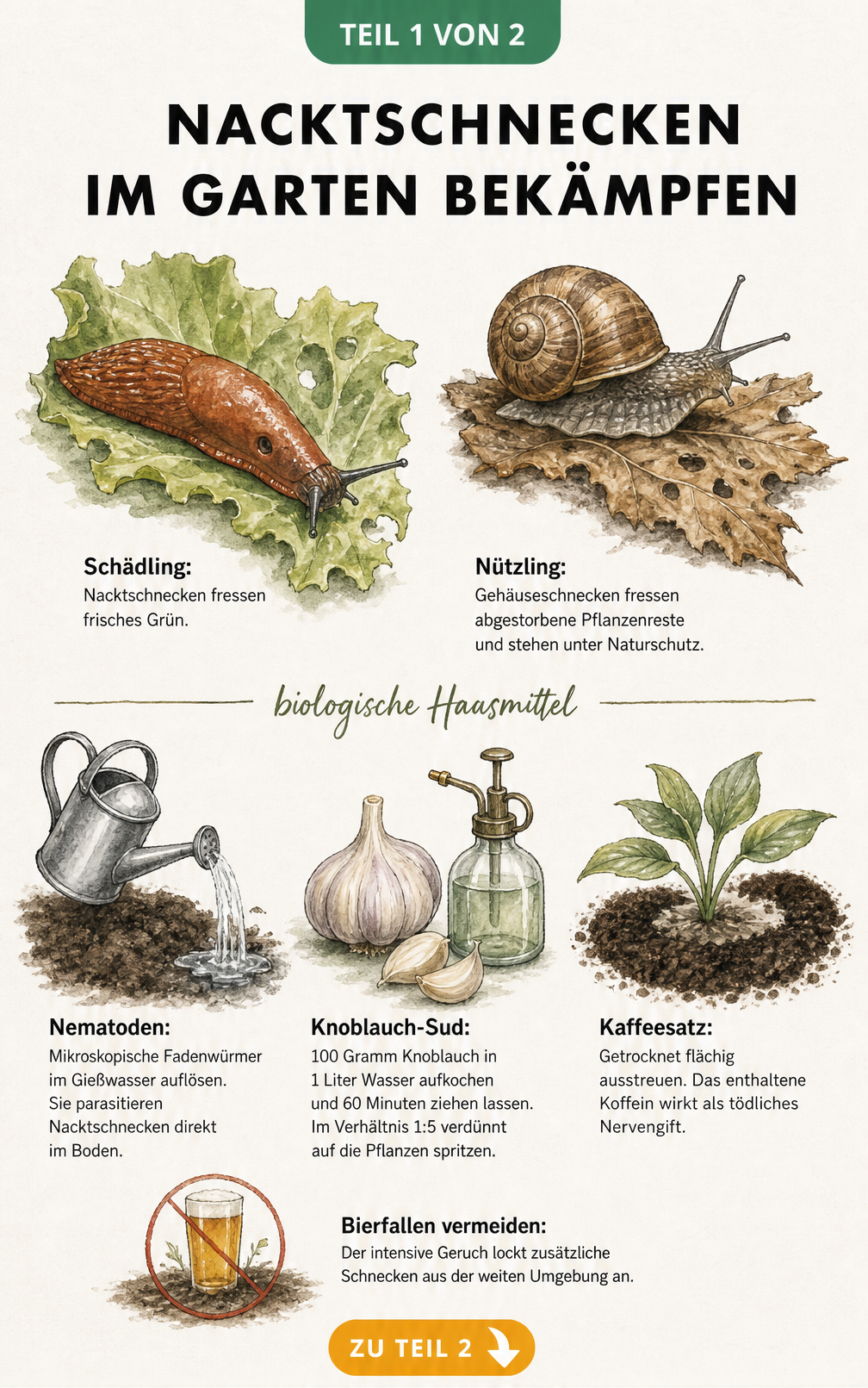 Illustration von Nacktschnecken und Gehäuseschnecken sowie biologischen Hausmitteln wie Nematoden, Knoblauch-Sud und Kaffeesatz