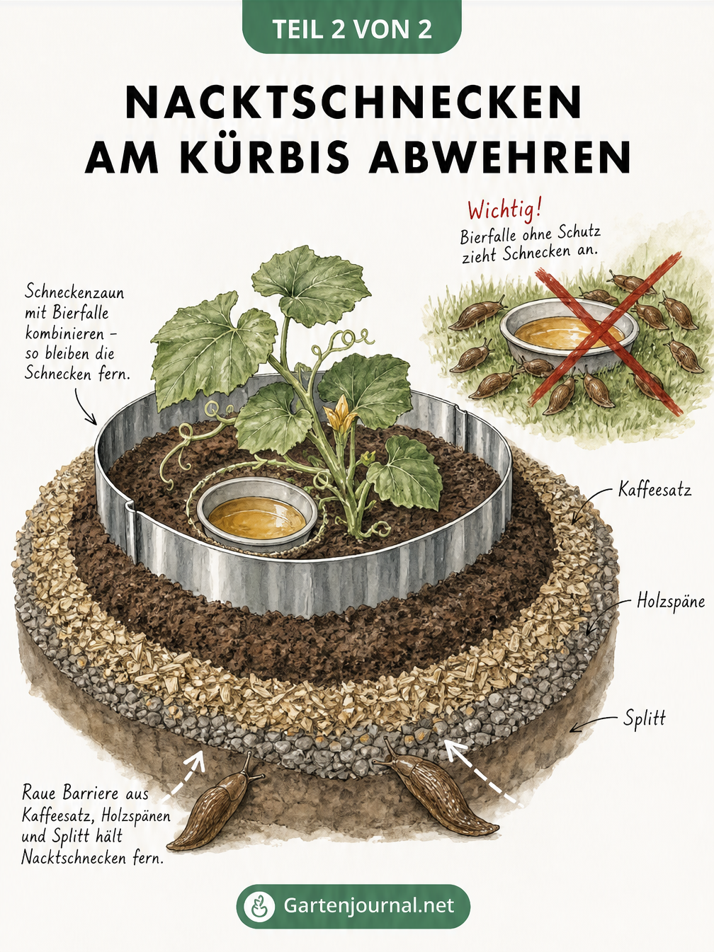 Querschnitt eines Gartenbeets mit Kürbispflanze, Schneckenzaun, Bierfalle und Barrieren aus Kaffeesatz und Holzspänen