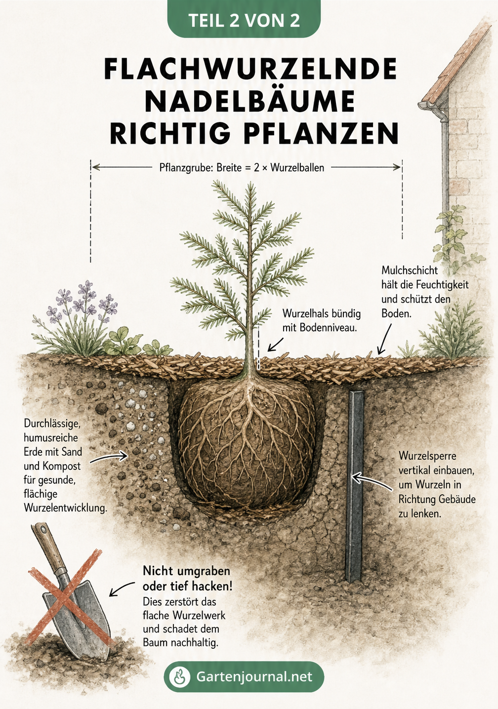 Schnittzeichnung einer Pflanzgrube für einen Nadelbaum mit flachem Wurzelballen, Wurzelsperre und Mulchschicht.