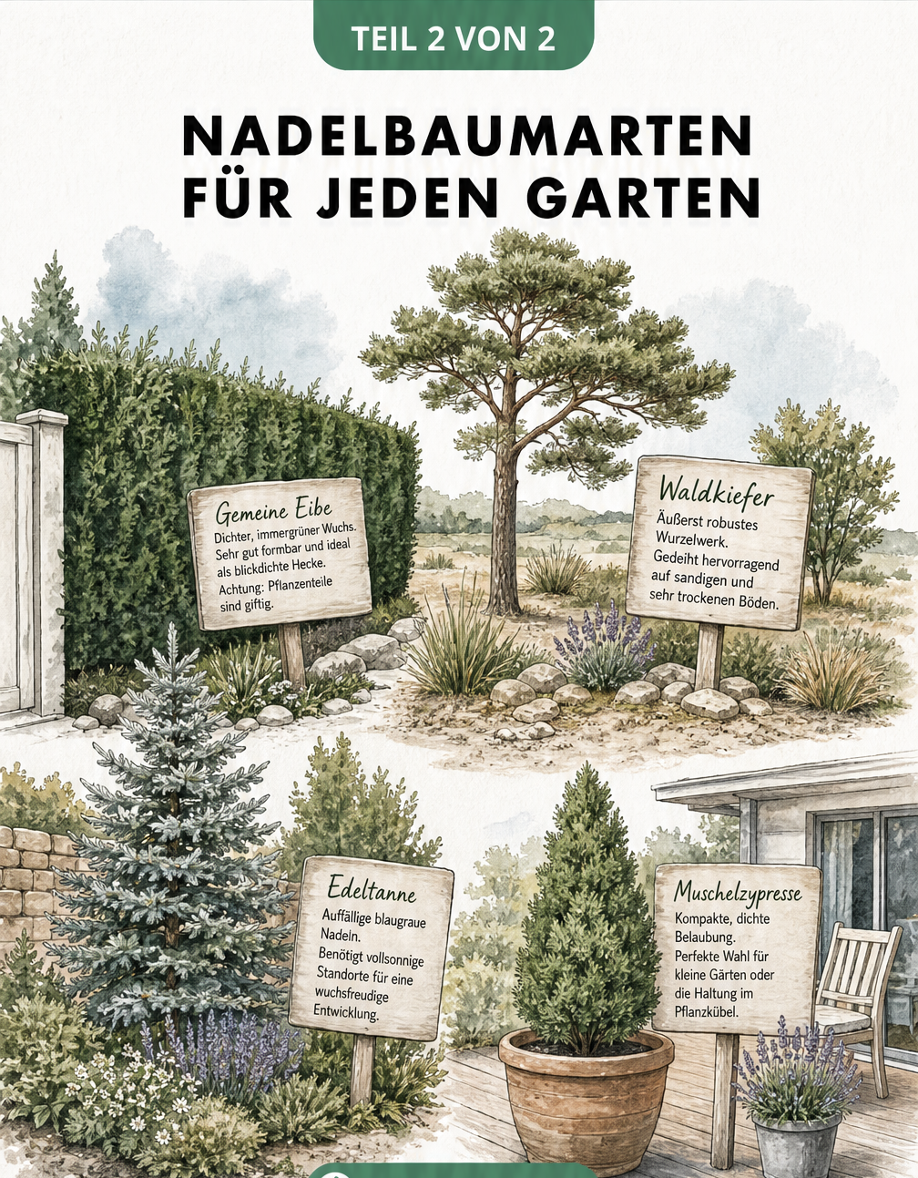 Gartenlandschaft mit passenden Nadelbäumen für verschiedene Standorte wie Hecke, trockenes Beet und Terrasse
