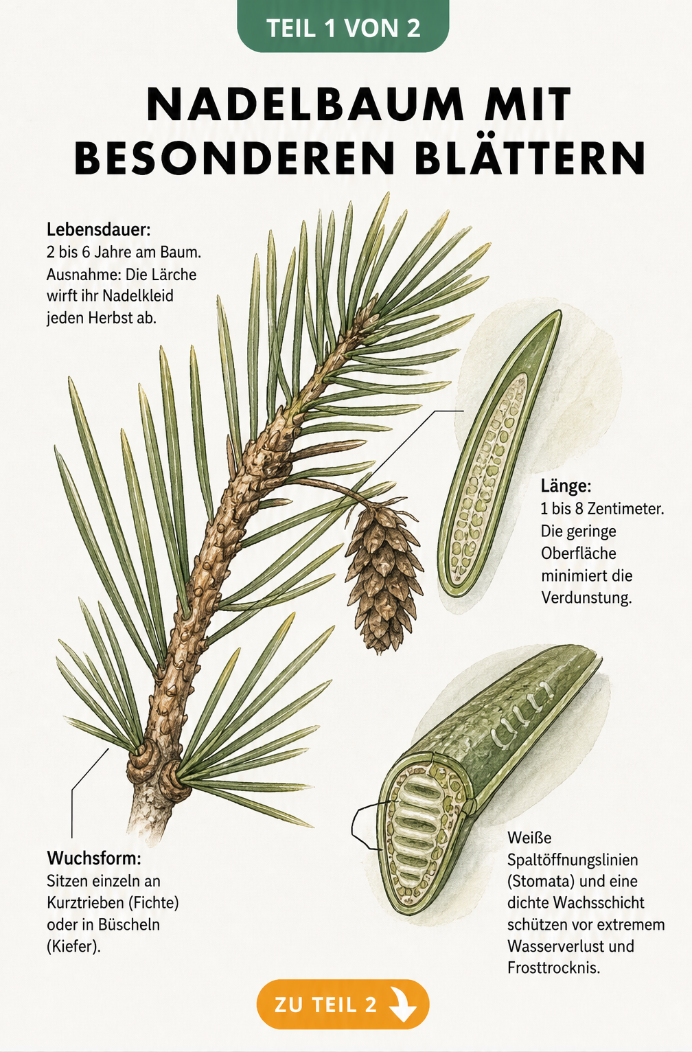 Botanische Illustration eines Nadelbaumzweigs mit vergrößertem Nadel-Querschnitt und Erklärungen zu Lebensdauer, Länge und Spaltöffnungen.
