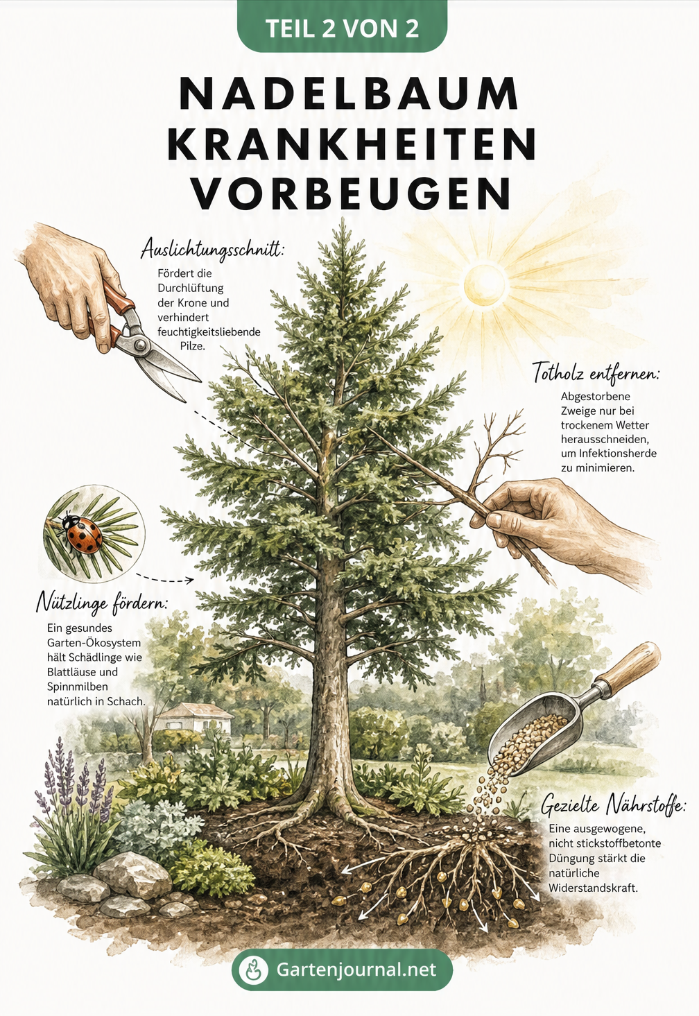 Illustration eines gesunden Nadelbaums im Garten mit Pflegemaßnahmen wie Auslichtungsschnitt, Totholzentfernung und Düngung zur Vorbeugung von Krankheiten