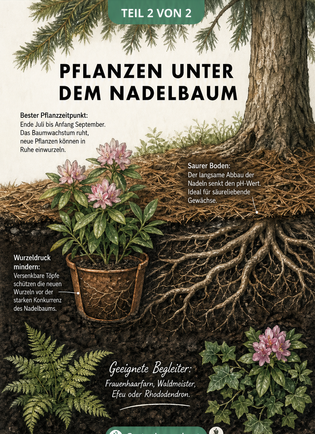 Querschnitt-Ansicht des Bodens unter einem Nadelbaum mit flachen Wurzeln, Nadelschicht und einer in einem Tontopf versenkten neuen Pflanze.