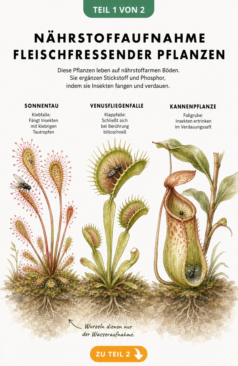 Illustration der Nährstoffaufnahme fleischfressender Pflanzen durch Sonnentau, Venusfliegenfalle und Kannenpflanze
