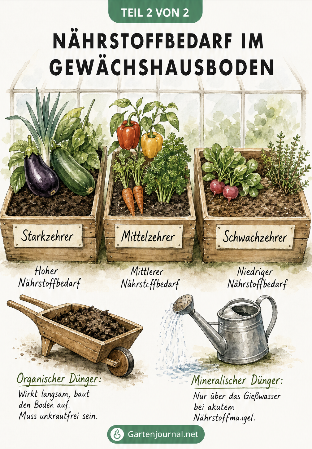 Drei Hochbeete im Gewächshaus mit Starkzehrern, Mittelzehrern und Schwachzehrern sowie Düngerarten