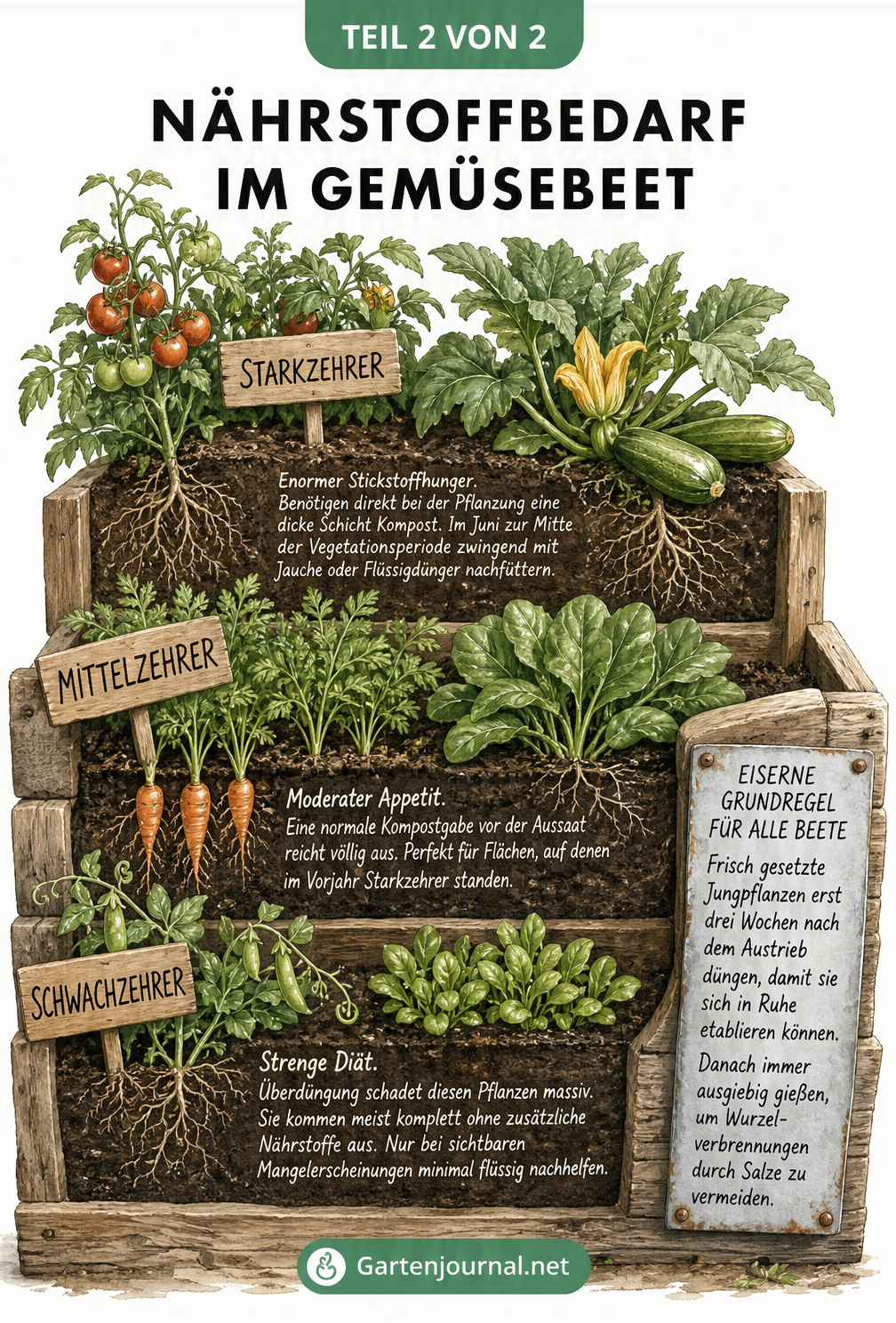Illustration eines terrassenförmigen Hochbeets, das den Nährstoffbedarf von Starkzehrern, Mittelzehrern und Schwachzehrern im Gemüsebeet zeigt.