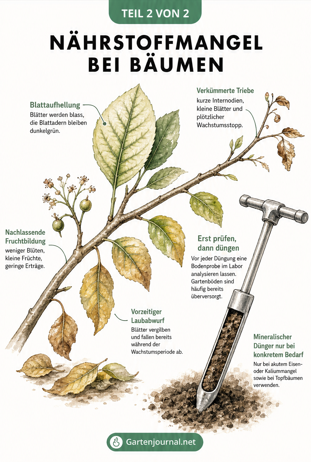 Botanische Illustration eines Laubbaumastes mit Symptomen von Nährstoffmangel wie blassen Blättern und welken Trieben