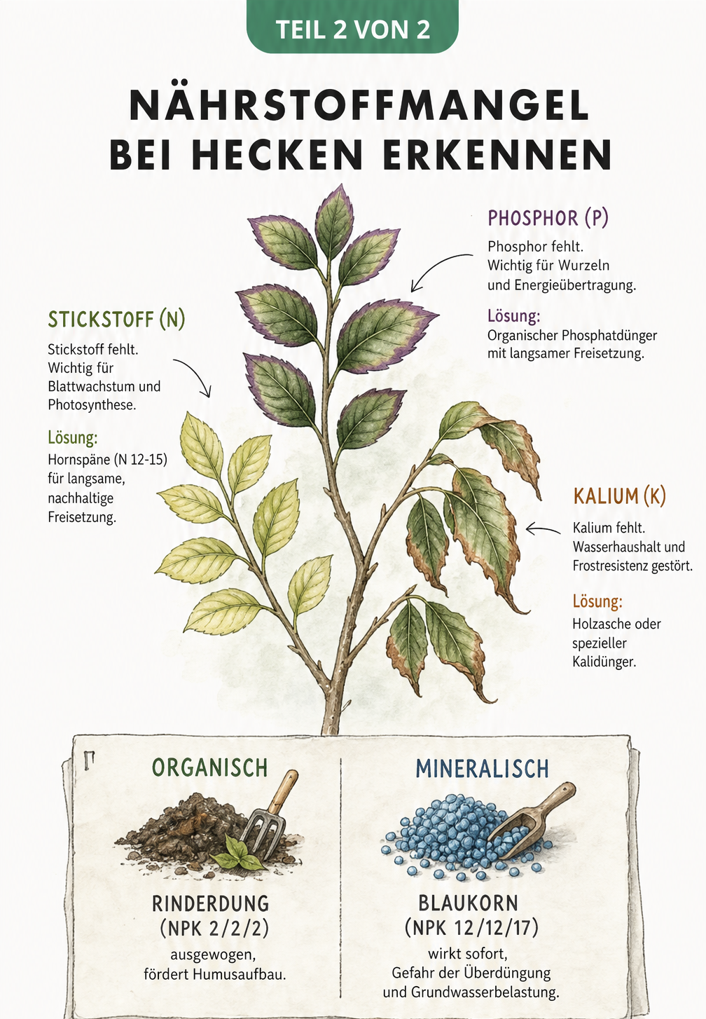 Botanische Zeichnung eines Heckenzweigs, die Symptome von Stickstoffmangel, Phosphormangel und Kaliummangel zeigt, inklusive Lösungen