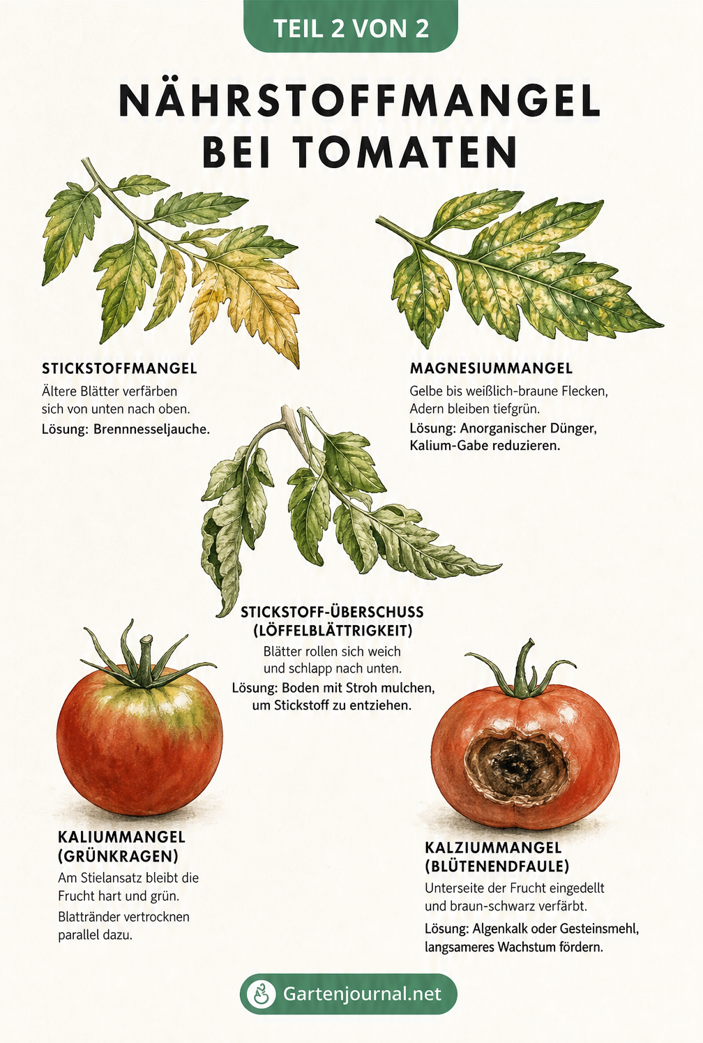 Aquarell-Zeichnungen von Tomatenblättern und -früchten, die Schadbilder von Nährstoffmangel wie Stickstoffmangel, Magnesiummangel und Blütenendfäule zeigen.