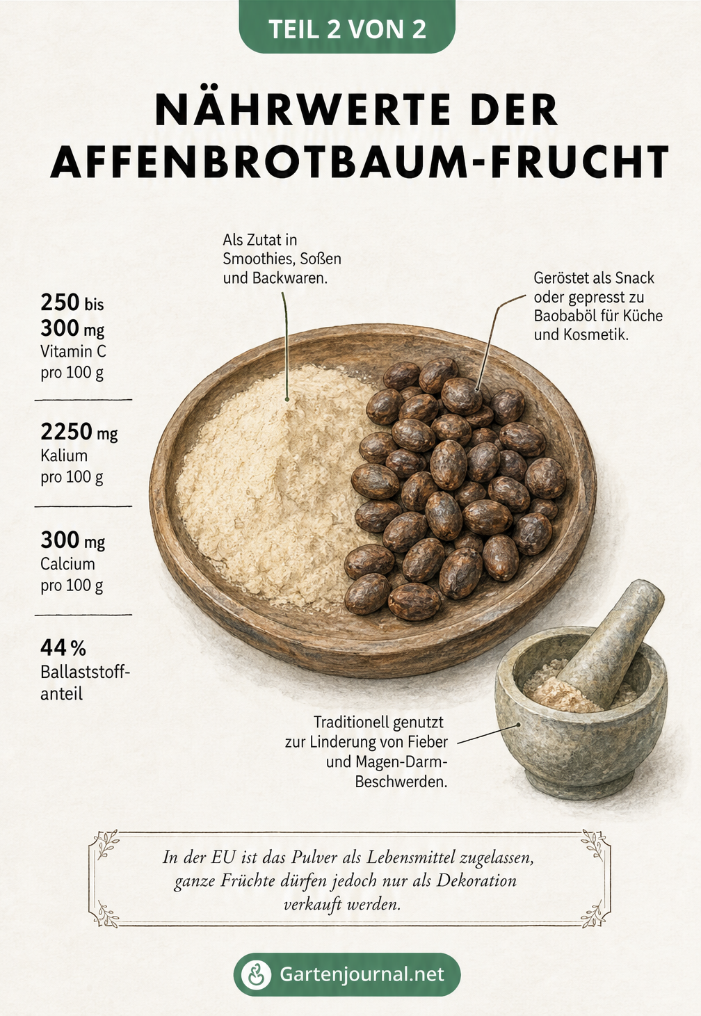 Nährwerte und Verwendung von Baobab-Pulver und Samen in einer Holzschale