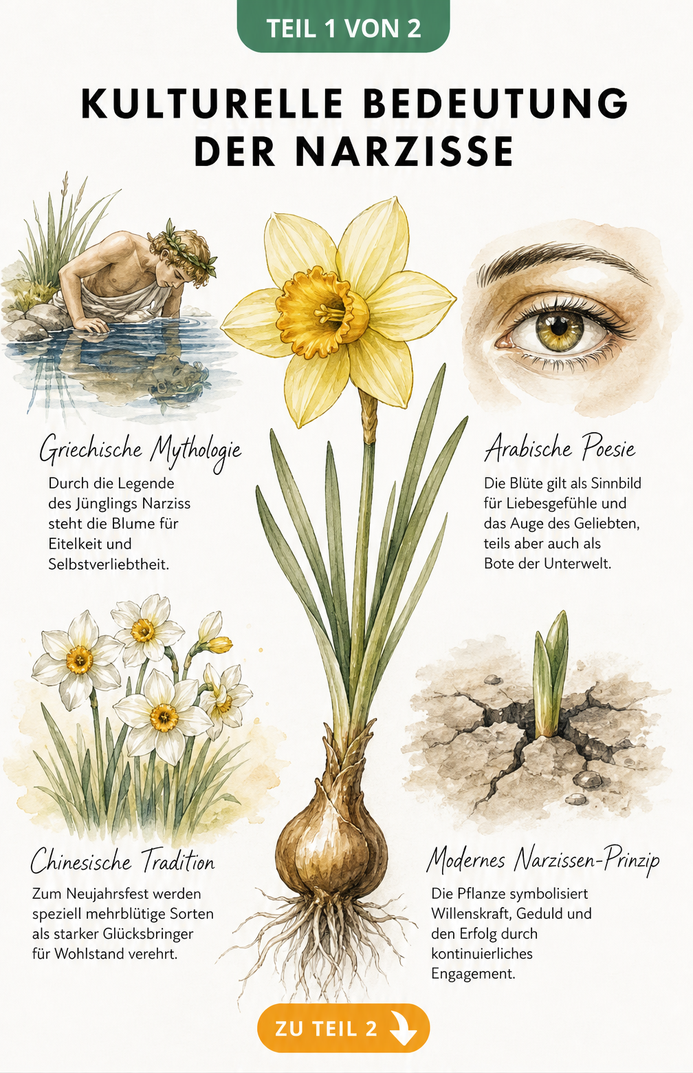 Botanische Illustration einer Narzisse mit vier Aquarell-Szenen zur weltweiten Symbolik