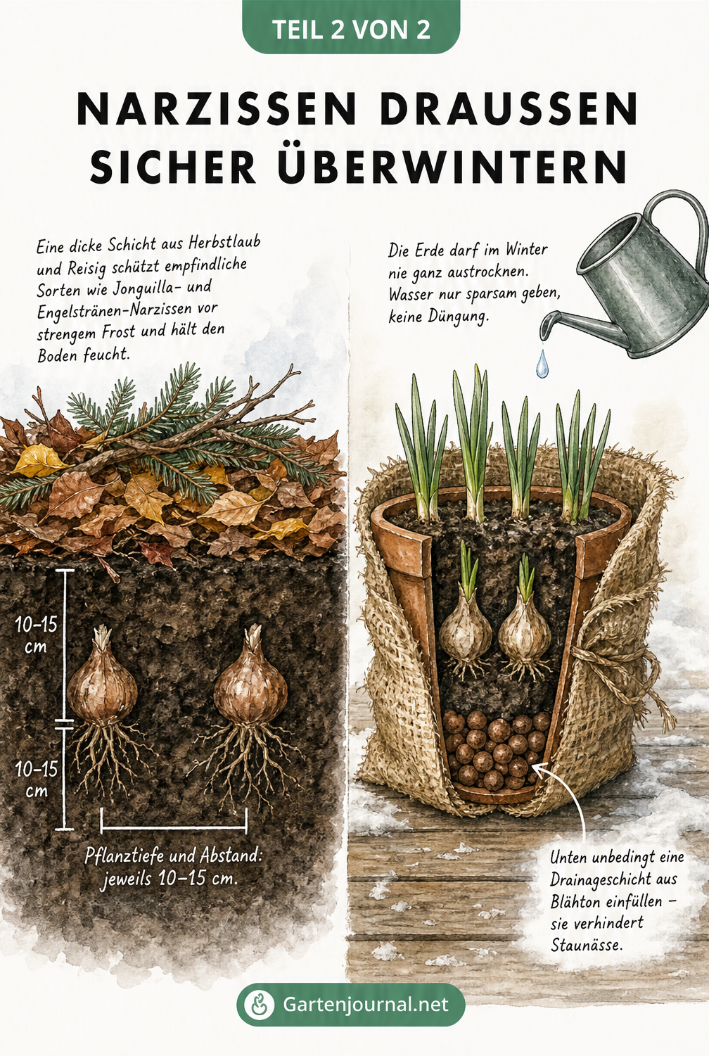 Illustration: Narzissen im Gartenbeet mit Mulchschicht und im Topf mit Drainageschicht und Juteschutz überwintern
