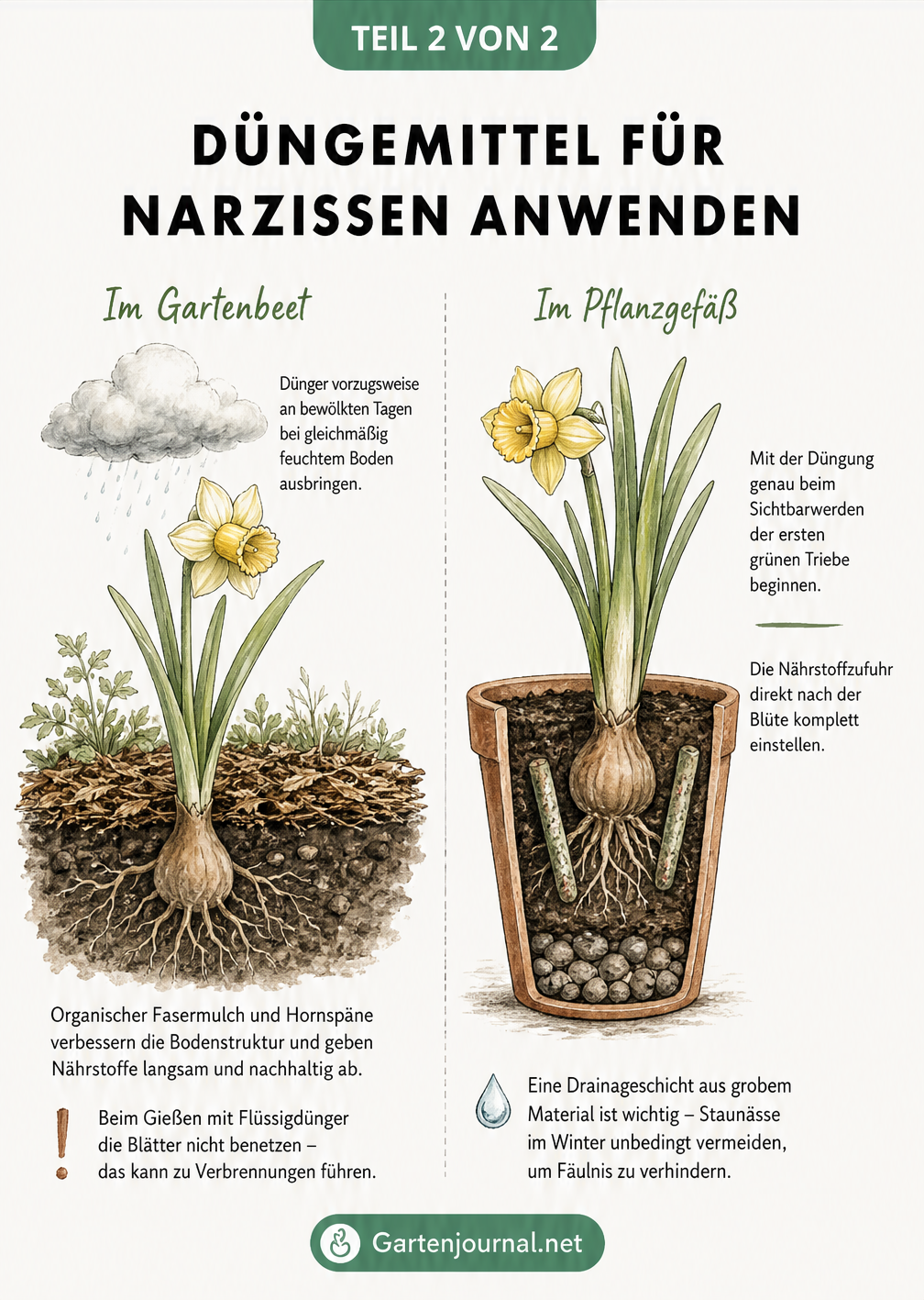Vergleich der Düngung von Narzissen im Gartenbeet mit organischem Mulch und im Topf mit Düngestäbchen