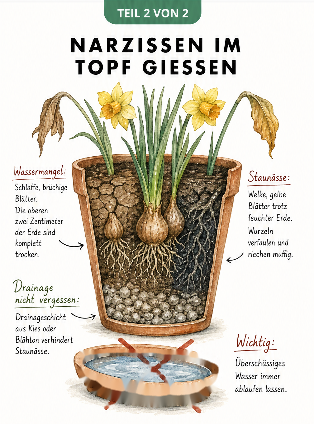 Querschnitt eines bepflanzten Terrakotta-Topfes mit Narzissen, der die Auswirkungen von Wassermangel und Staunässe zeigt