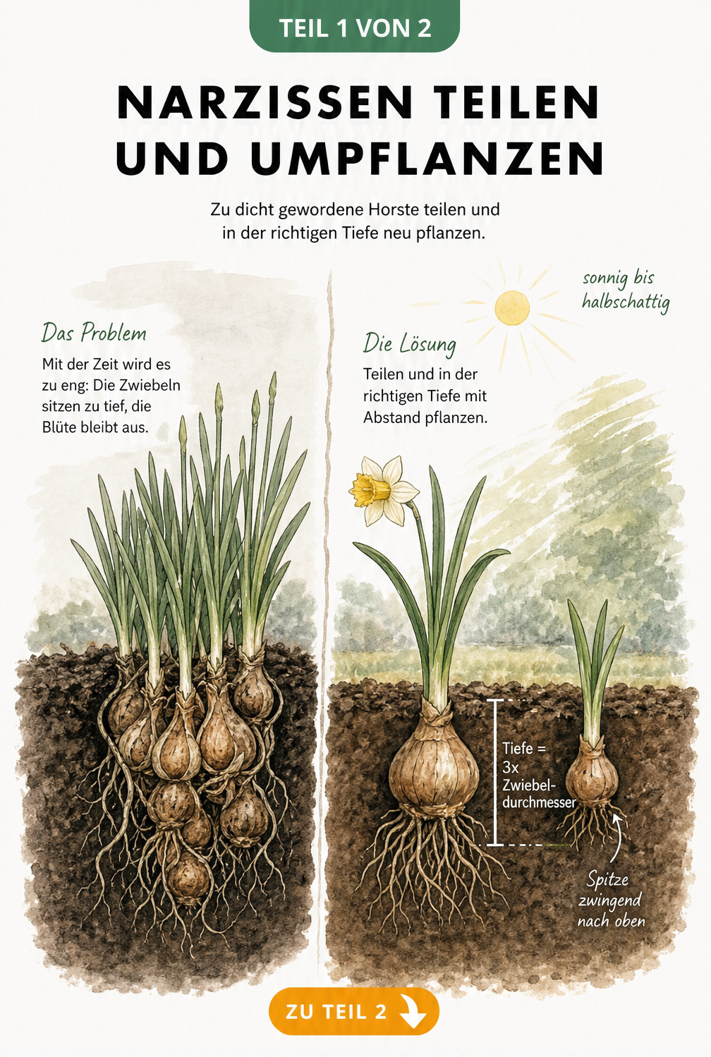 Illustration eines dichten Narzissen-Horsts in dunkler Erde im Vergleich zu einer frisch gepflanzten Mutter- und Tochterzwiebel in lockerer Erde mit Maßlinie...