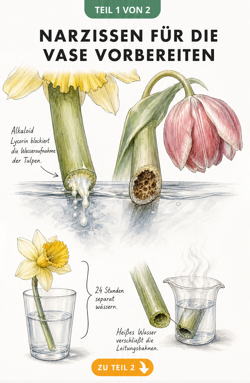 Botanische Illustration: Narzissenstiel sondert Schleim ab, der Tulpen blockiert, und die Lösung durch separates Wässern oder heißes Wasser.