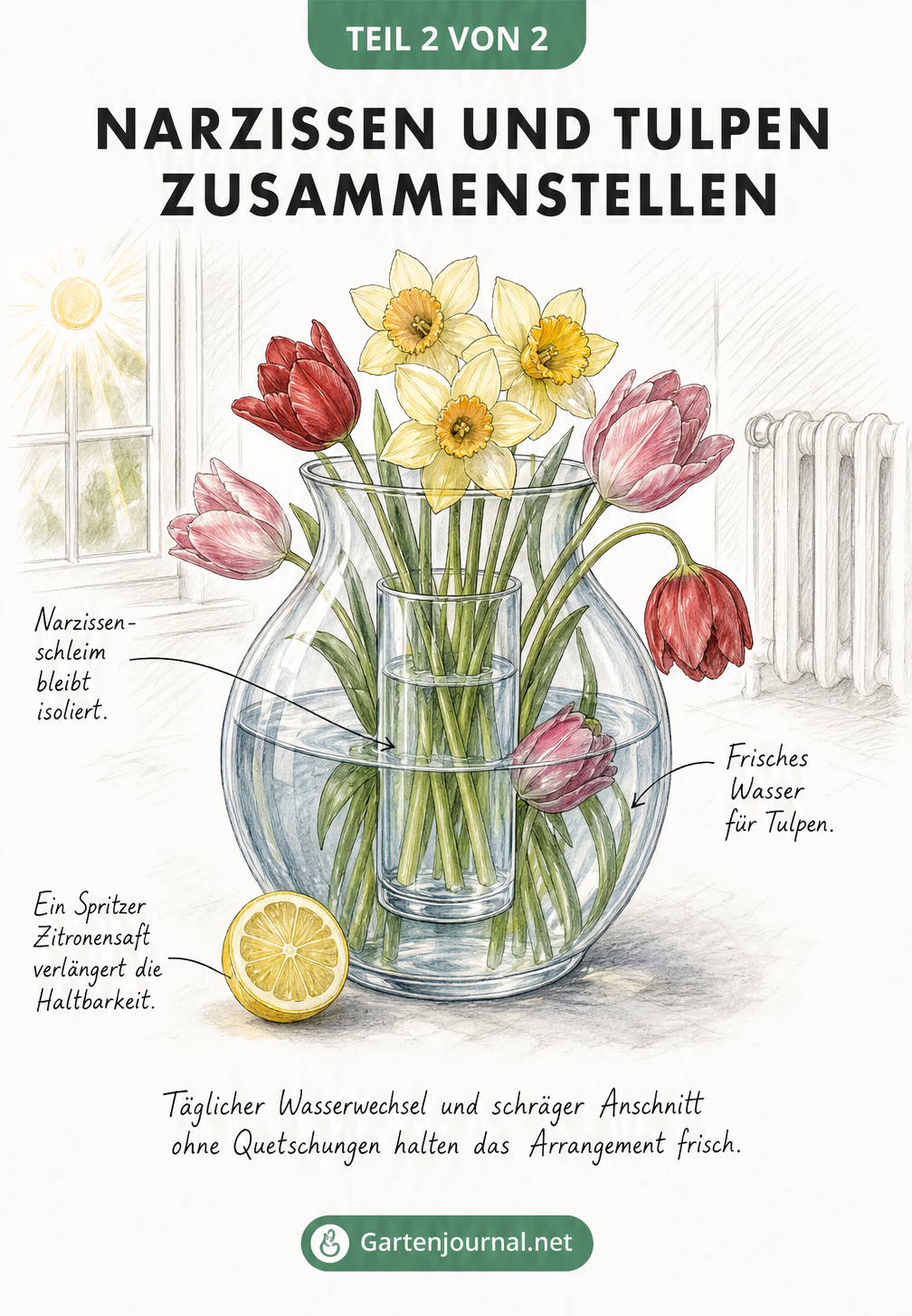 Illustration einer großen Vase mit Tulpen und einem inneren Glas für Narzissen, um den Schleim zu isolieren.