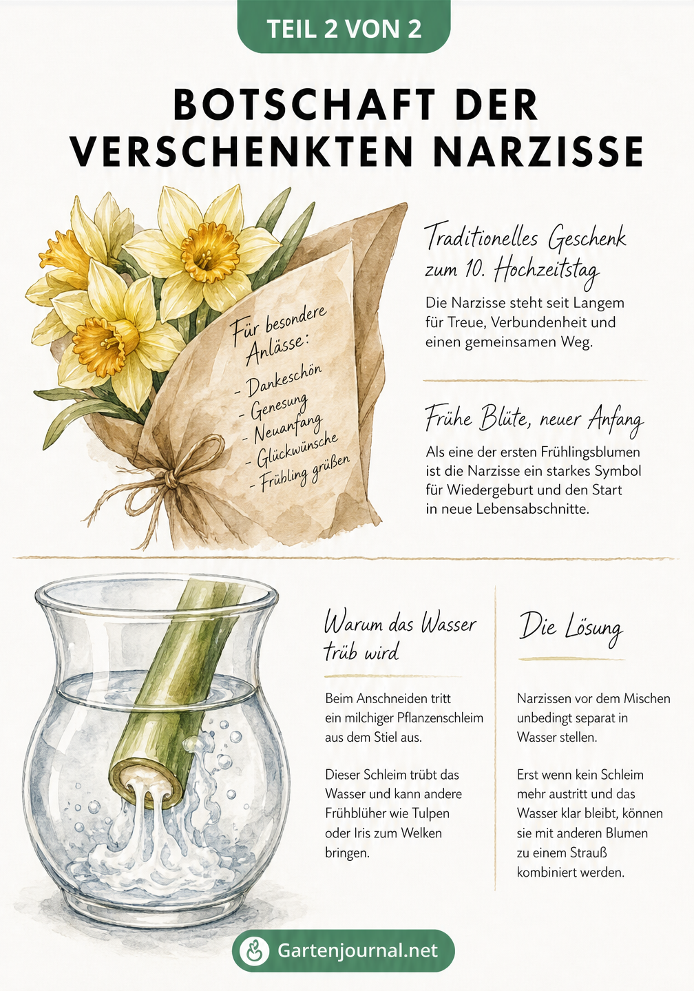 Skizze eines Narzissenstraußes und einer Vase im Querschnitt, die das Wässern von Narzissen zeigt