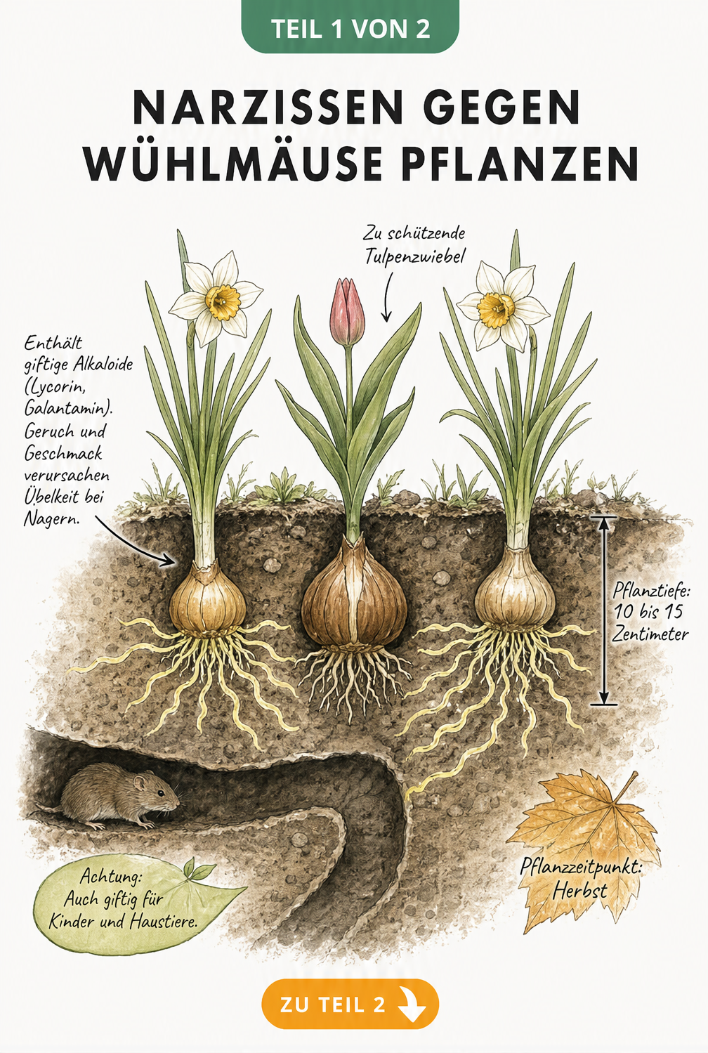 Querschnitt eines Gartenbodens mit Narzissenzwiebeln, die eine Tulpenzwiebel vor Wühlmäusen schützen