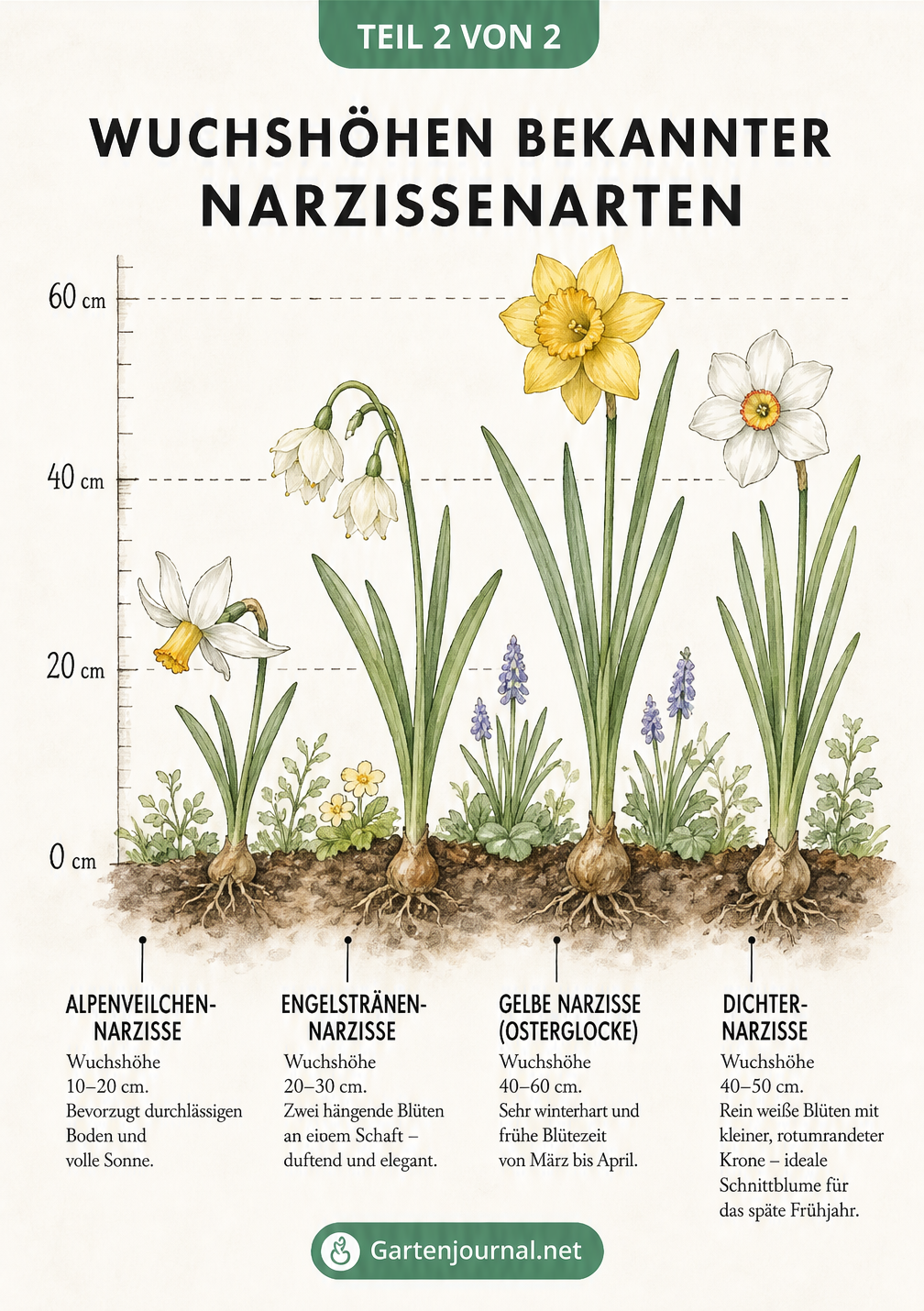 Illustration der Wuchshöhen von Narzissen: Alpenveilchen-Narzisse (20 cm), Engelstränen-Narzisse, Gelbe Narzisse (60 cm) und Dichter-Narzisse (50 cm).