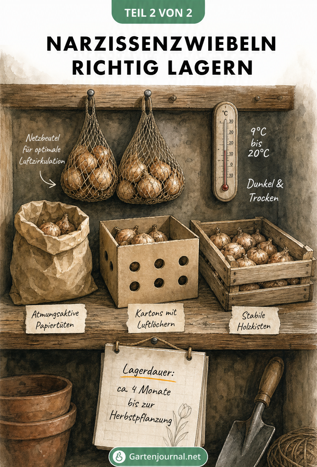 Illustration eines Kellerregals mit Narzissenzwiebeln in Netzbeuteln, Papiertüten und Holzkisten bei 9 bis 20 Grad
