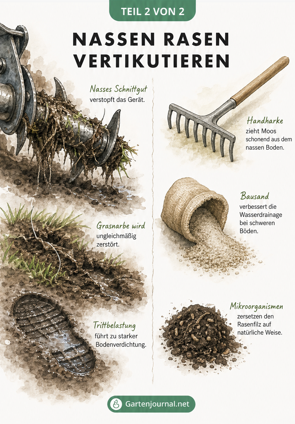 Illustration eines Vertikutiermessers im nassen Boden und schonende Alternativen wie Handharke und Bausand