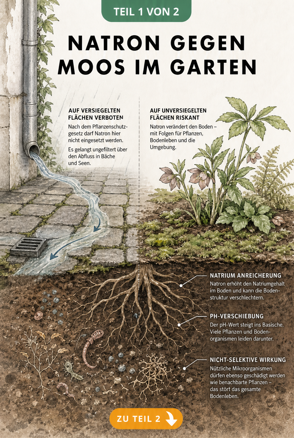 Querschnitt-Illustration einer Gartenszene, die die Auswirkungen von Natron auf versiegelten Flächen und im Boden zeigt
