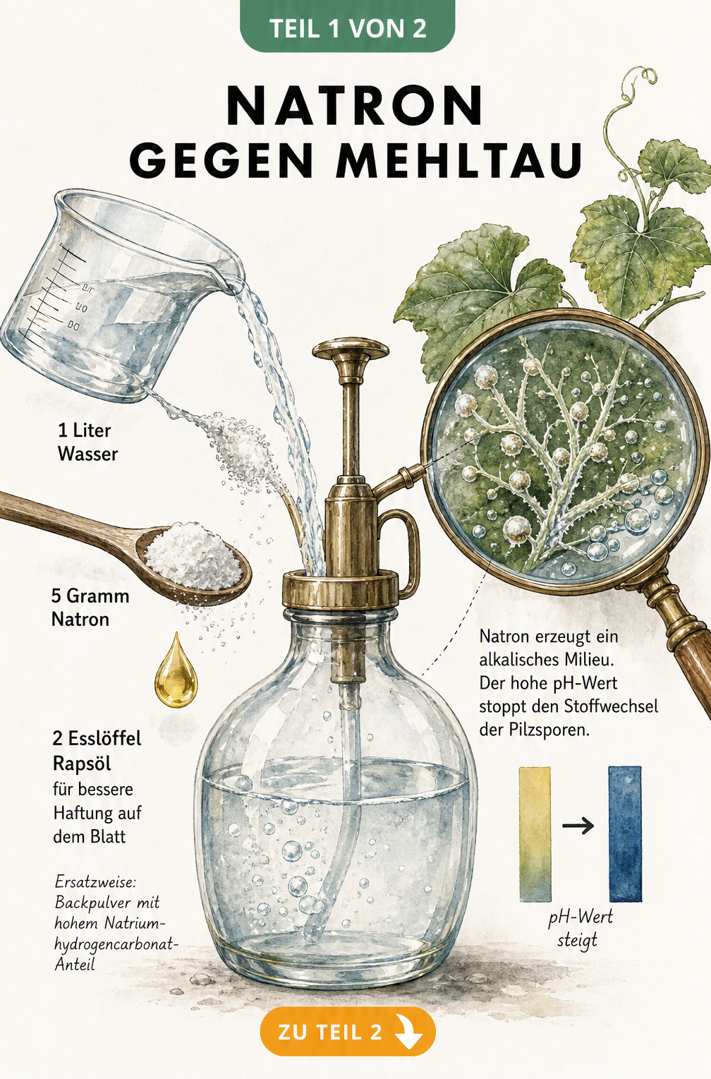 Illustration einer Sprühflasche mit Natron, Wasser und Öl zur Bekämpfung von Mehltau