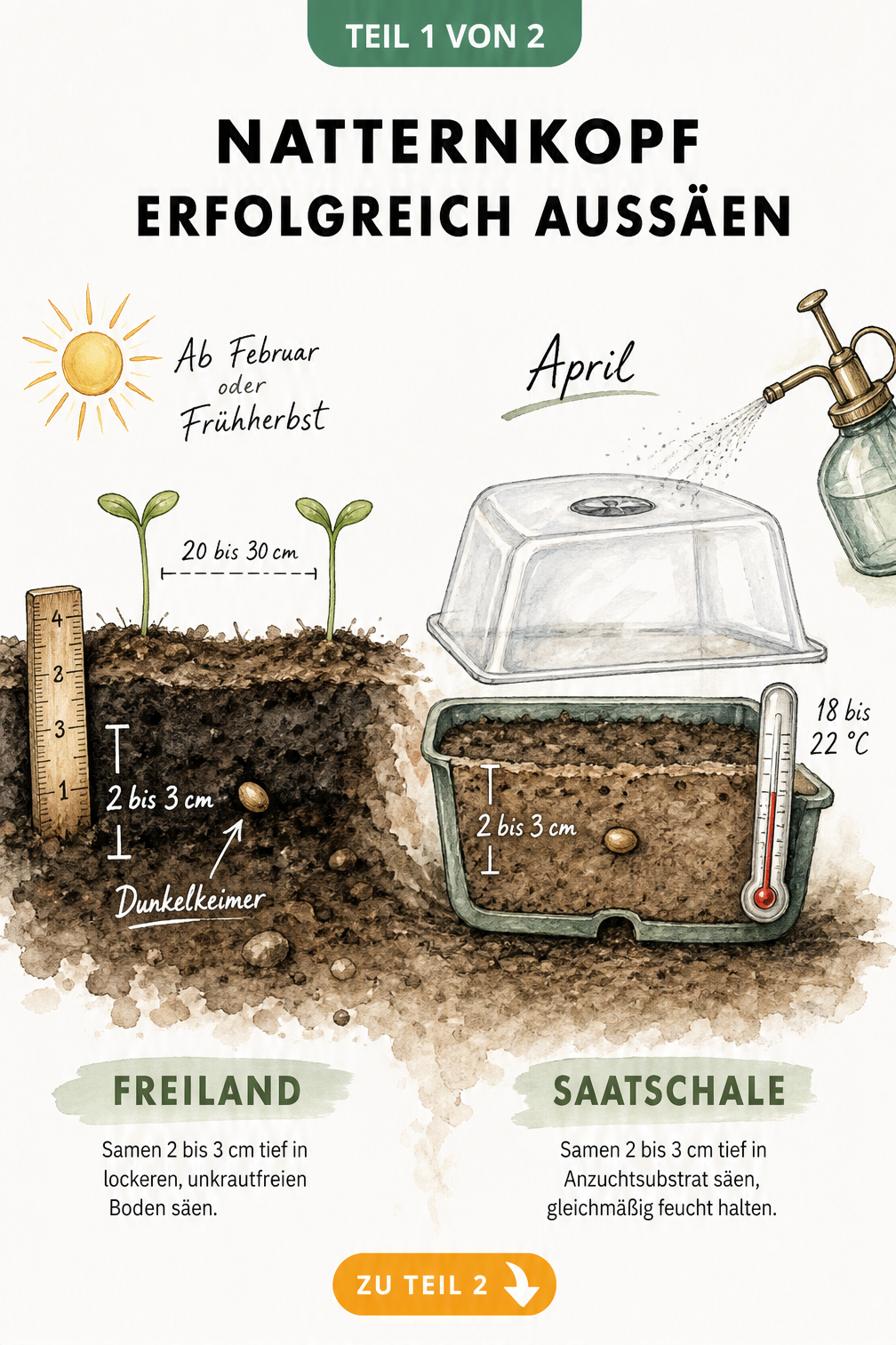 Querschnitt-Darstellung der Natternkopf-Aussaat im Freiland und in der Saatschale