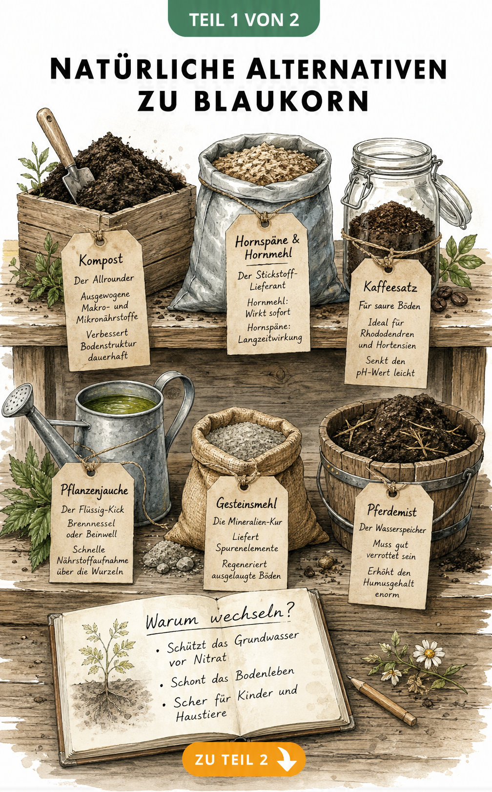 Illustration einer Gärtner-Werkbank mit verschiedenen organischen Düngern wie Kompost, Hornspänen, Kaffeesatz, Pflanzenjauche, Gesteinsmehl und Pferdemist als...