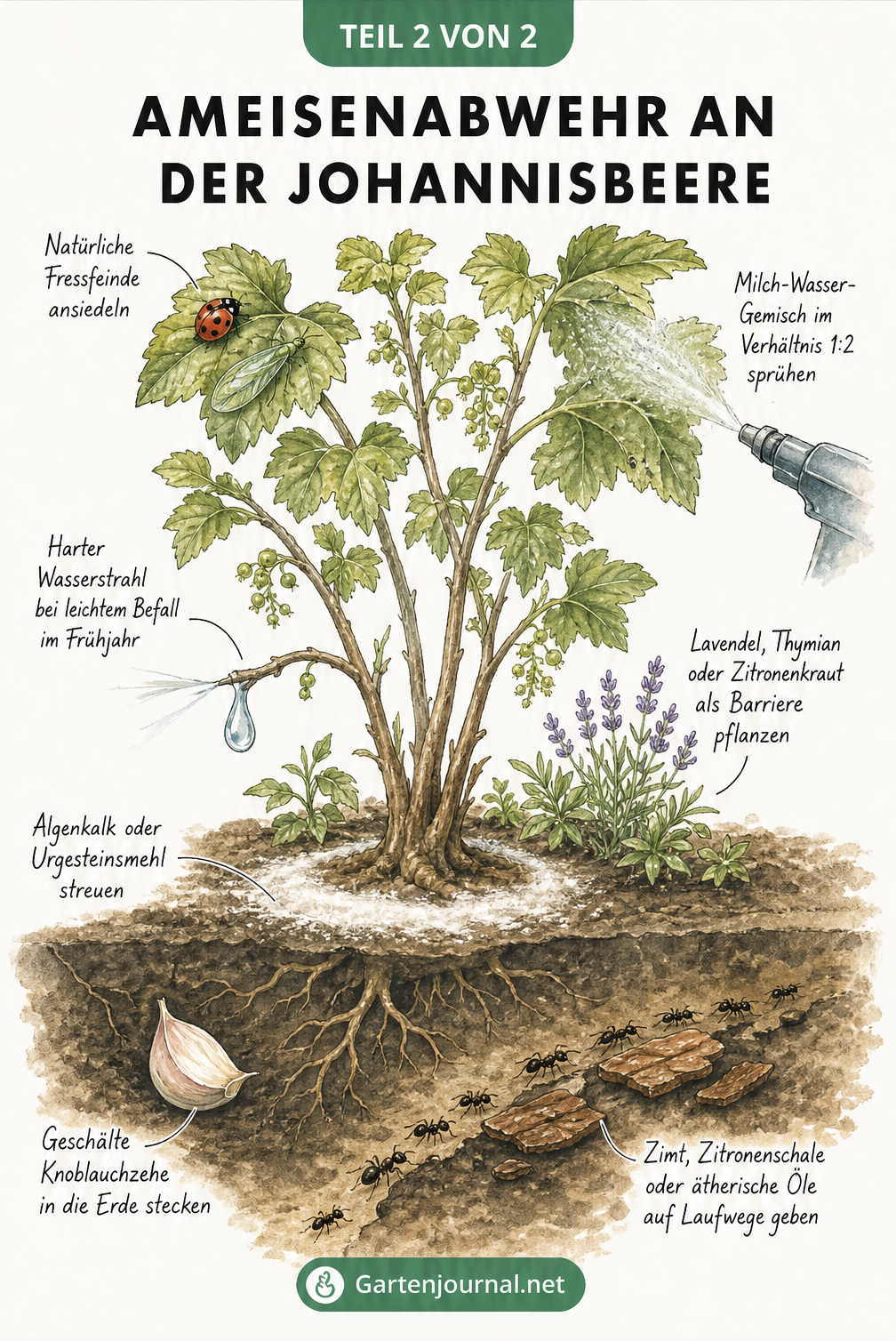 Aquarell-Illustration eines Johannisbeerstrauchs mit natürlichen Abwehrmethoden gegen Ameisen und Blattläuse, wie Algenkalk, Lavendel, Knoblauch und...