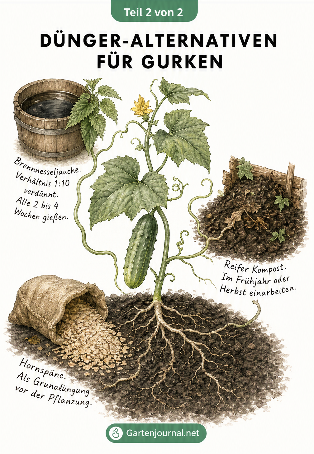 Botanische Illustration einer Gurkenpflanze mit natürlichen Dünger-Alternativen wie Brennnesseljauche, Kompost und Hornspänen.