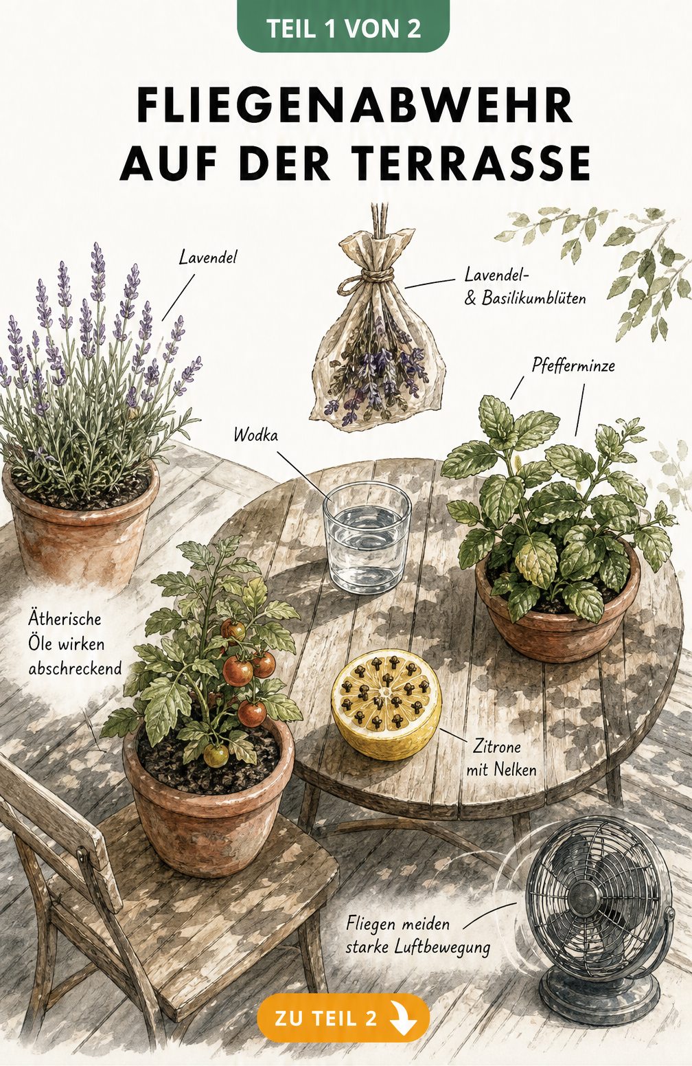 Illustration einer Terrasse von oben mit natürlichen Fliegenabwehrmitteln wie Lavendel, Pfefferminze, Tomatenpflanze, Zitrone mit Nelken und Wodka