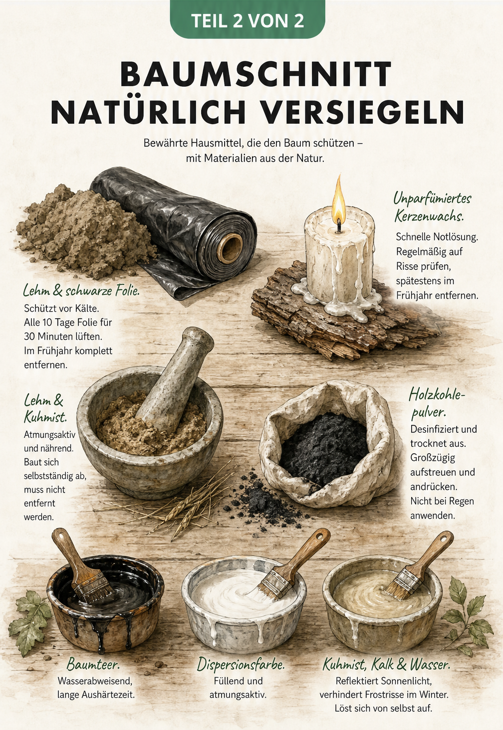 Verschiedene natürliche Hausmittel wie Lehm, Kerzenwachs und Holzkohlepulver auf einem rustikalen Pflanztisch zur Versiegelung von Baumschnitt.