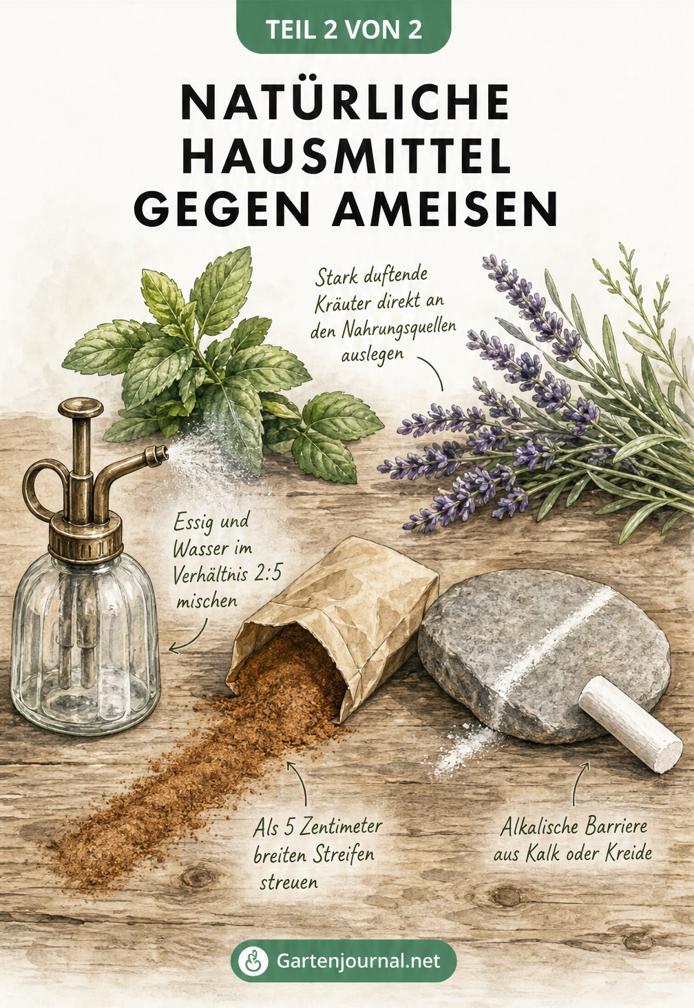 Stillleben mit natürlichen Hausmitteln gegen Ameisen wie Essig, Zimt, Kreide und Kräutern
