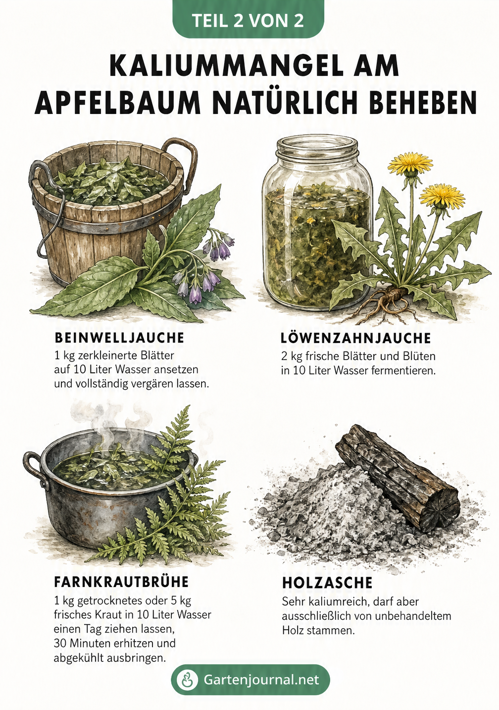Illustration von vier natürlichen Kaliumdüngern für den Apfelbaum: Beinwelljauche, Löwenzahnjauche, Farnkrautbrühe und Holzasche in rustikalen Gefäßen.