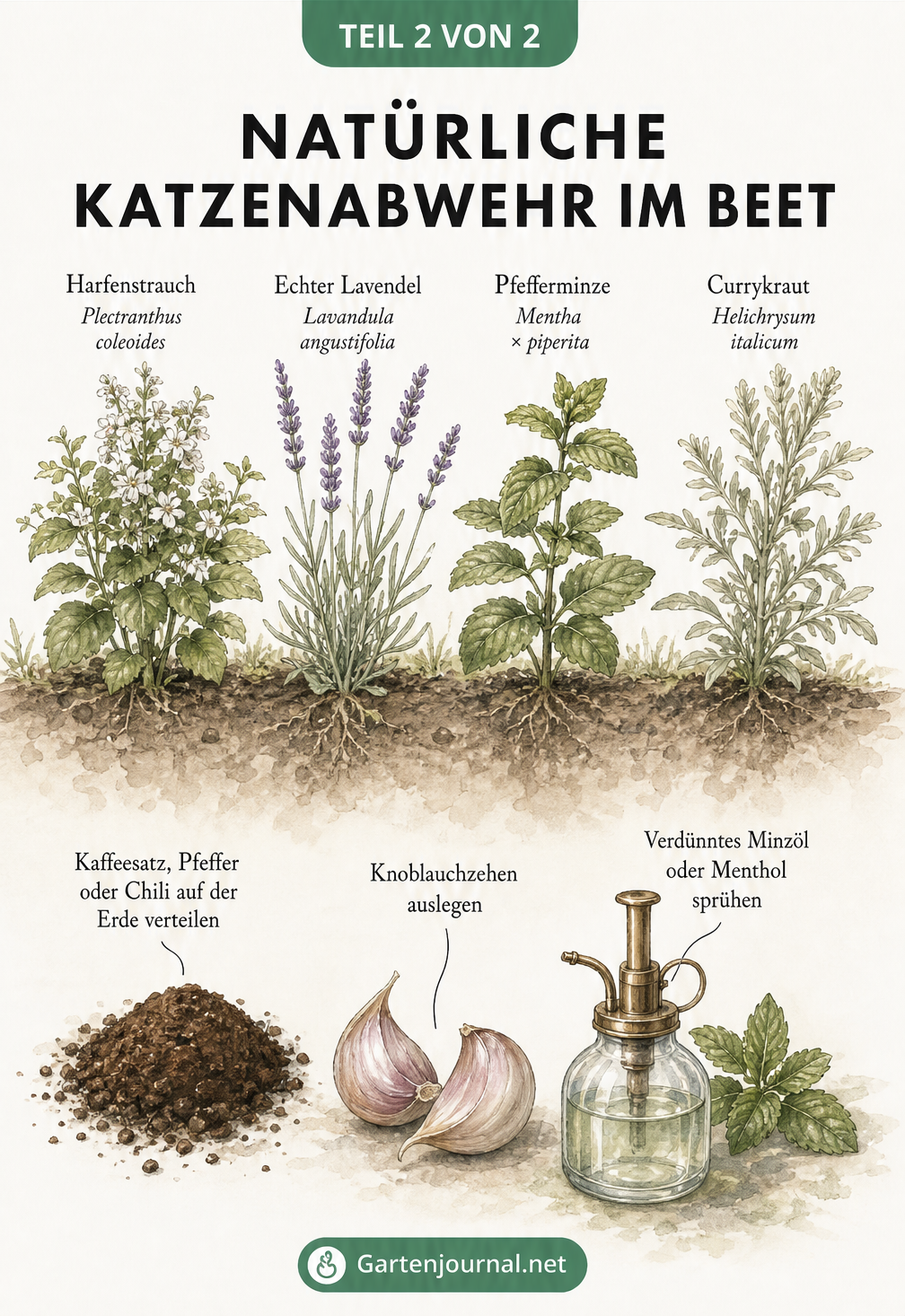 Botanische Illustration von Harfenstrauch, Lavendel, Pfefferminze und Currykraut sowie Hausmitteln wie Kaffeesatz und Knoblauch