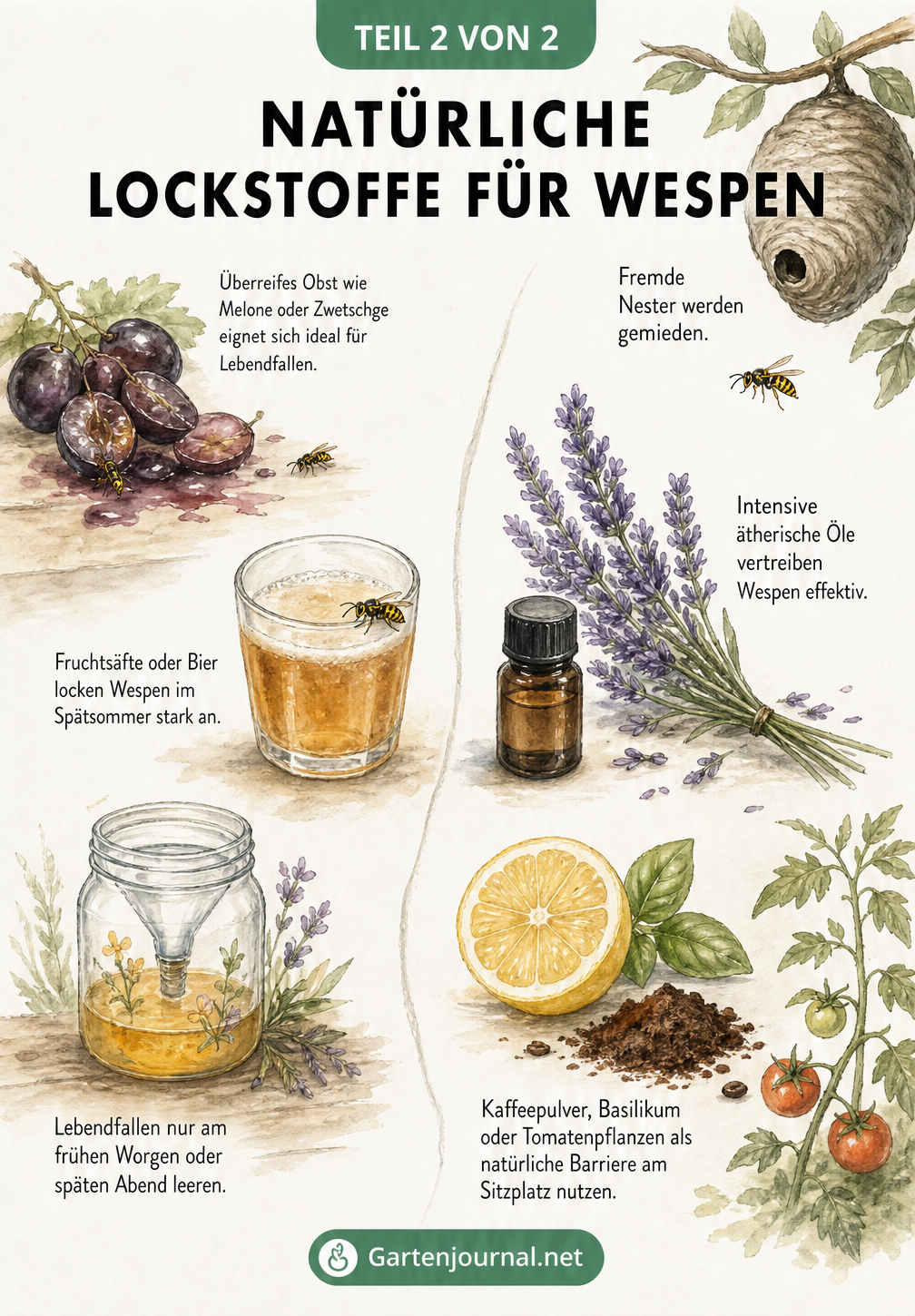 Aquarell-Illustration von natürlichen Lockstoffen wie Weintrauben und Saft sowie Abwehrdüften wie Lavendel und Kaffeepulver