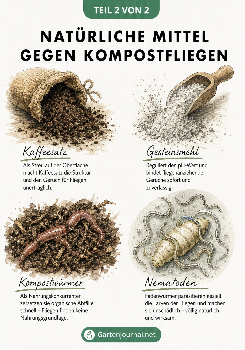 Illustration von natürlichen Mitteln gegen Kompostfliegen wie Kaffeesatz, Gesteinsmehl, Kompostwürmer und Nematoden