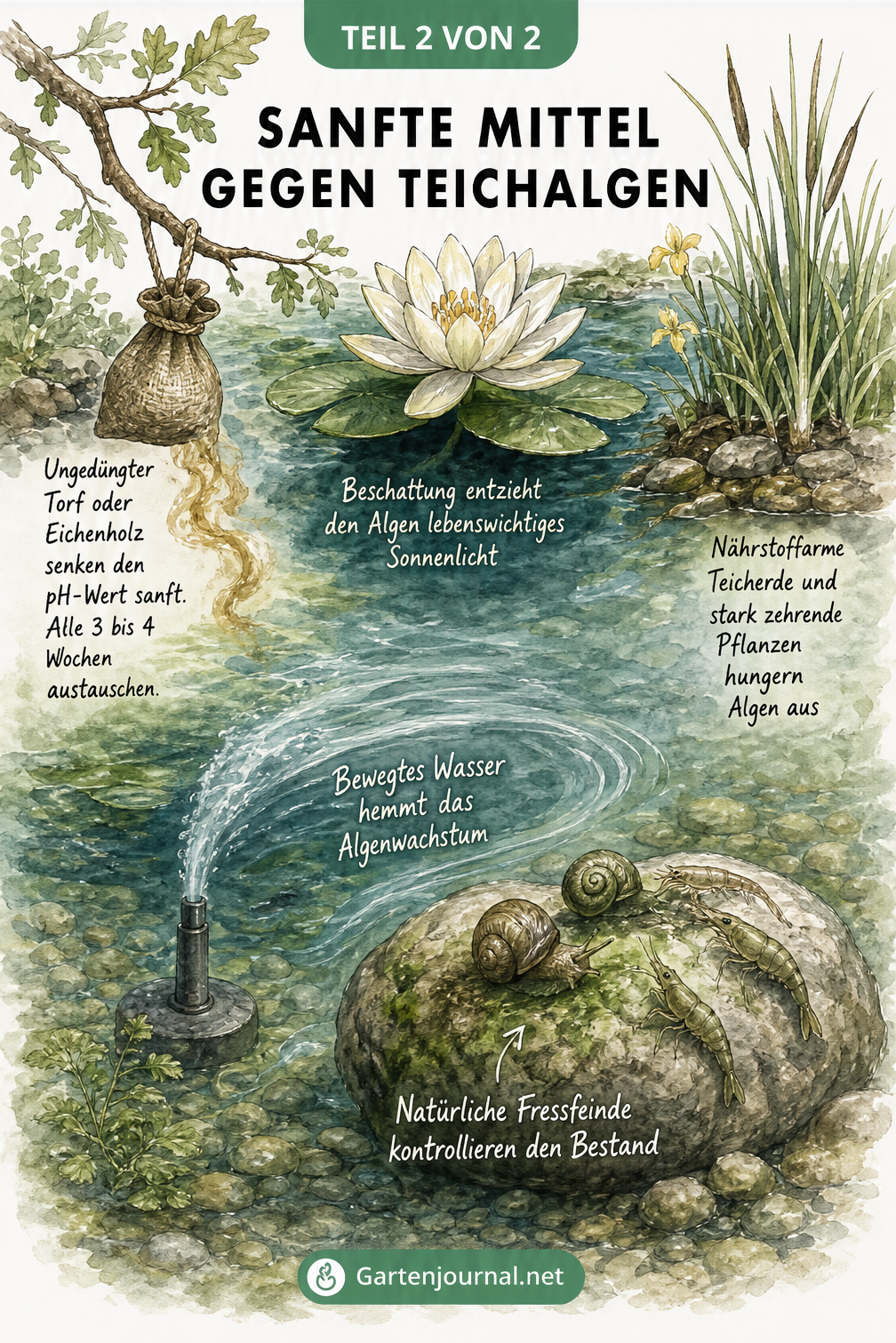 Illustration eines gesunden Teiches mit natürlichen Mitteln gegen Algen wie Seerosen, Schilf, Torf und Wasserschnecken.