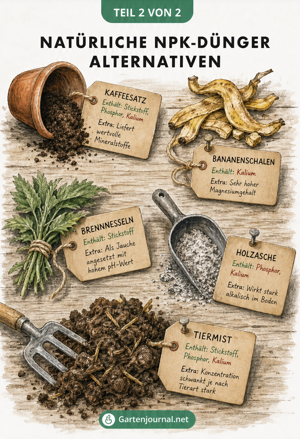 Illustration eines Gärtnertisches mit natürlichen Düngeralternativen wie Kaffeesatz, Bananenschalen, Brennnesseln, Holzasche und Tiermist