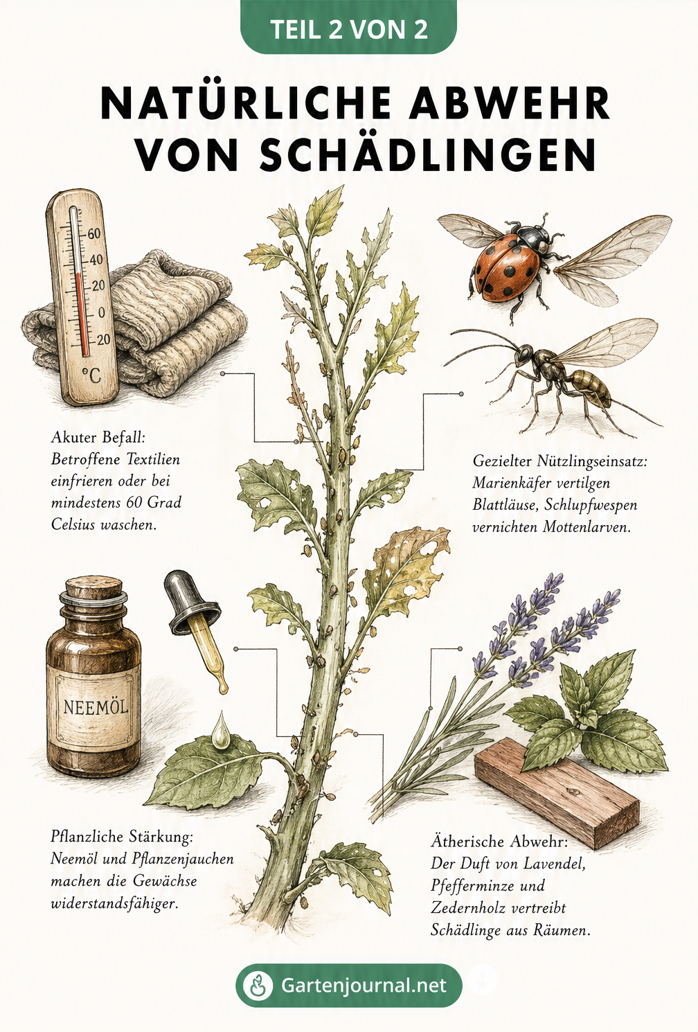 Botanische Illustration mit natürlichen Abwehrmaßnahmen gegen Schädlinge wie Nützlinge und Neemöl