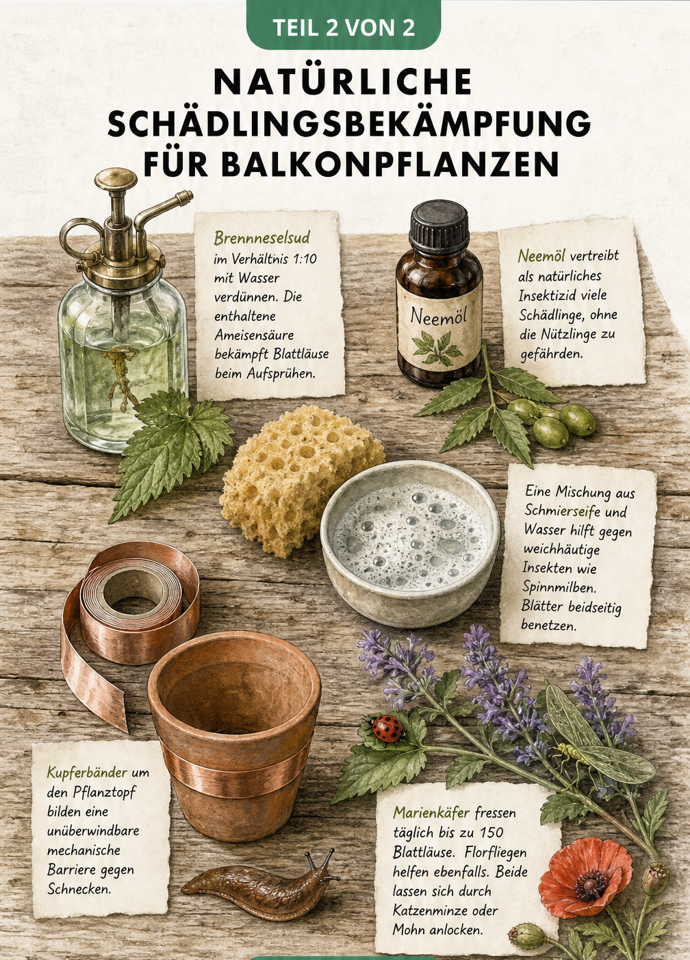 Pflanztisch mit natürlichen Mitteln zur Schädlingsbekämpfung wie Brennnesselsud, Neemöl, Schmierseife, Kupferband und Nützlingen.