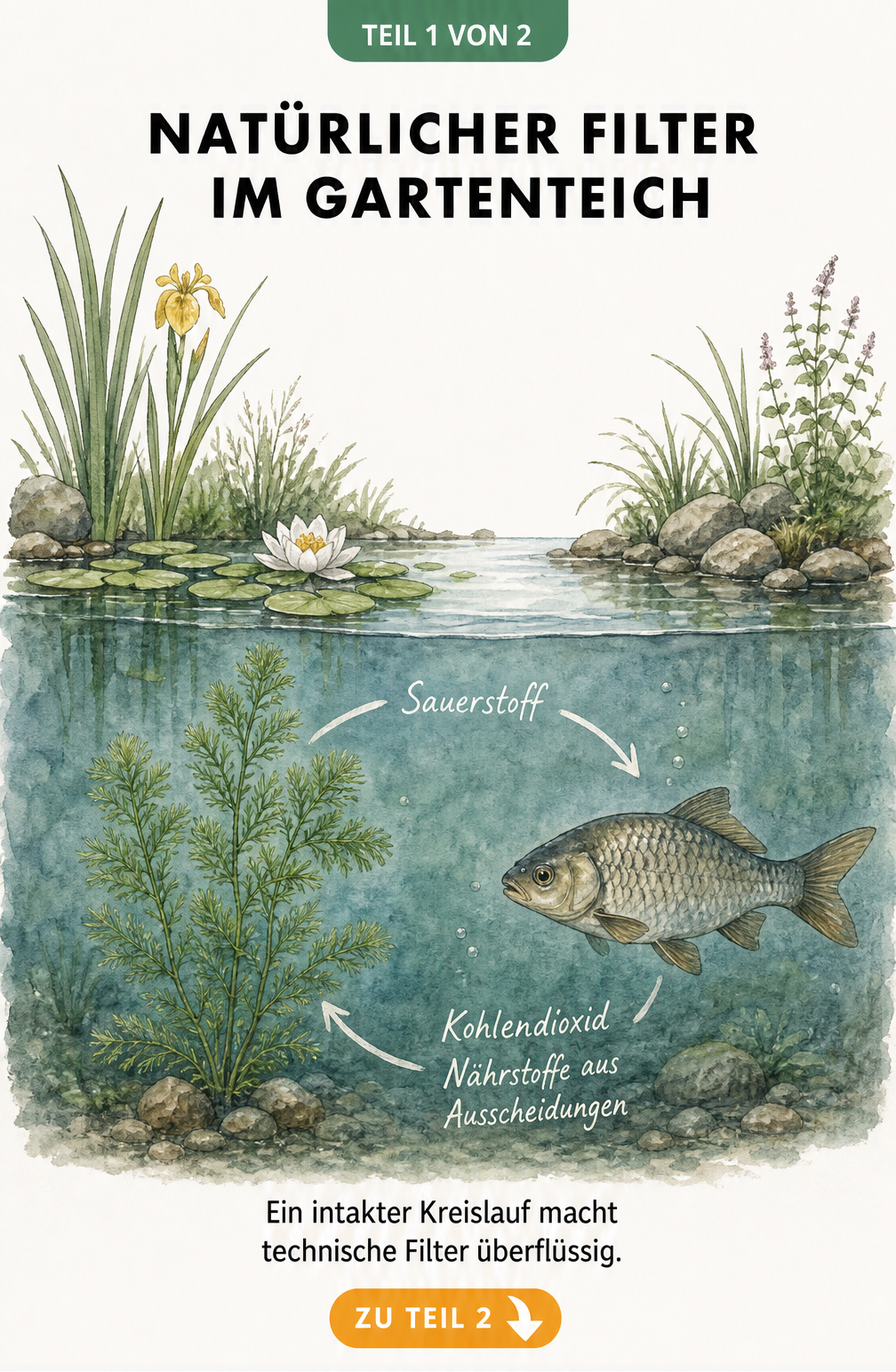 Querschnitt eines Gartenteichs mit Sauerstoff- und Nährstoffkreislauf zwischen Wasserpflanze und Fisch