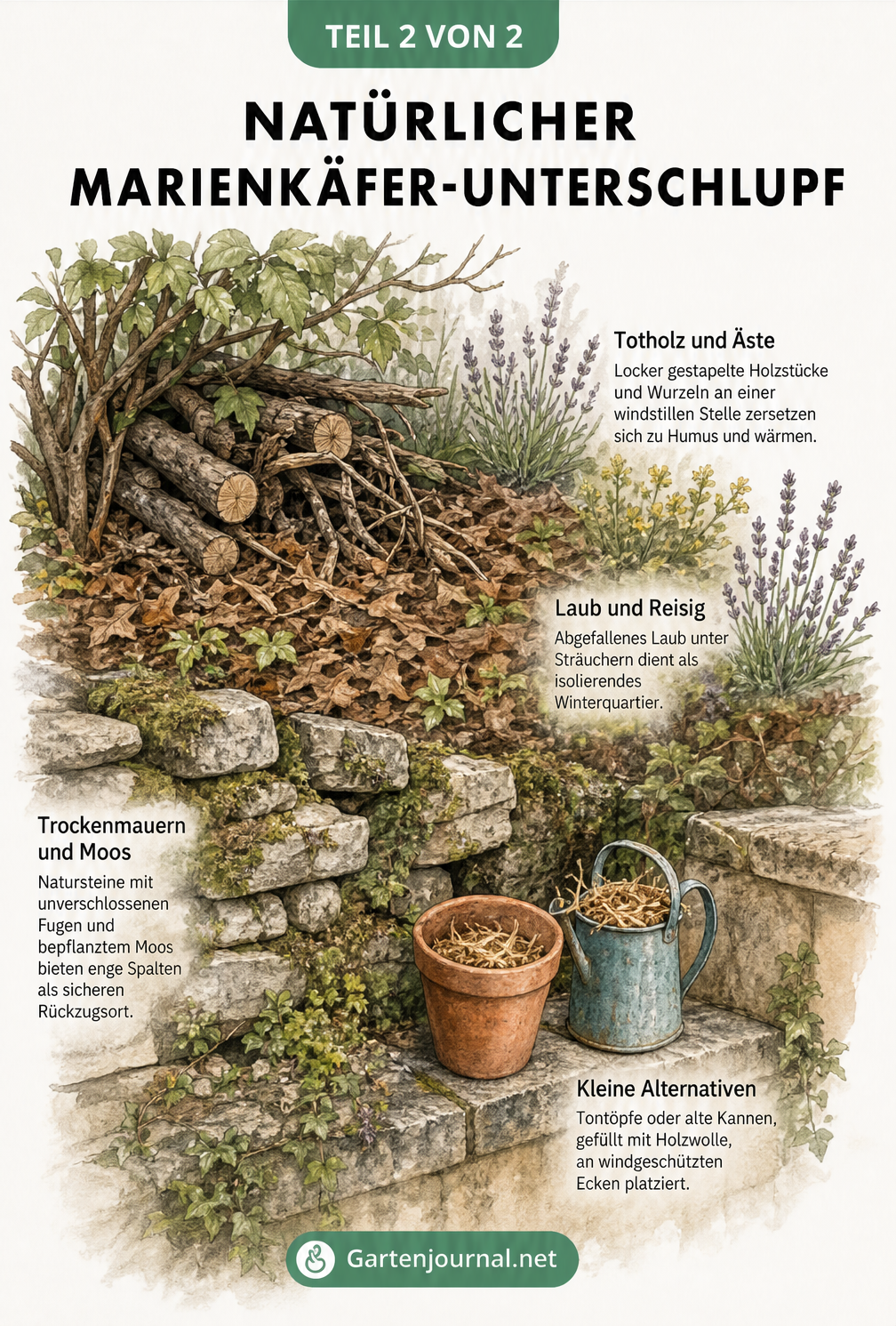 Aquarell-Zeichnung eines naturnahen Gartens mit Totholz, Laub, Trockenmauern und Tontöpfen als Marienkäfer-Unterschlupf